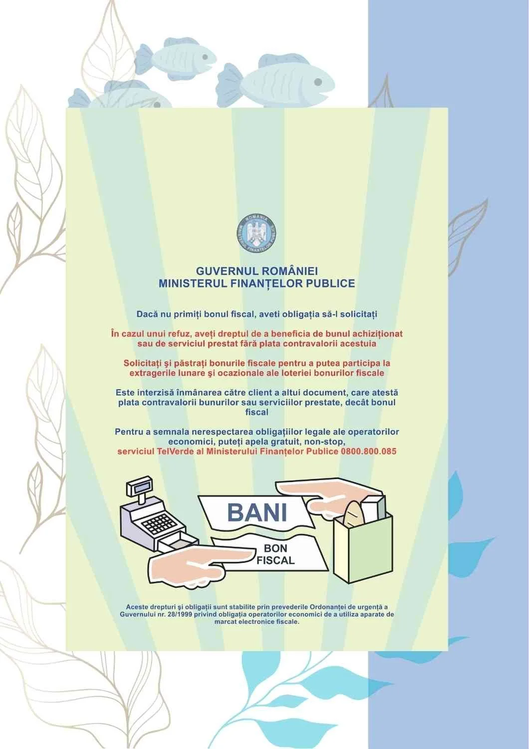 Romanian government notice about fiscal receipts and tax compliance, with an illustration of cash and fiscal receipt, and a background of fish and leaves.