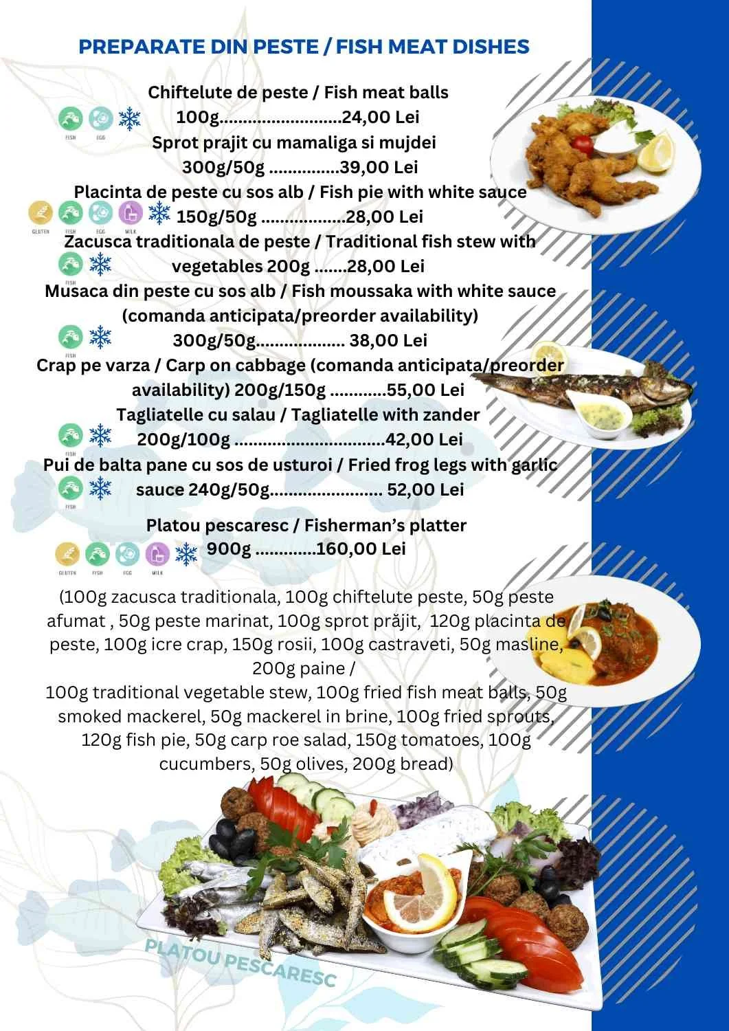 Menu of fish and meat dishes with prices listed in Lei, including various fish stews, fish pies, fish balls, and a platter, with a photo of a seafood platter at the bottom.