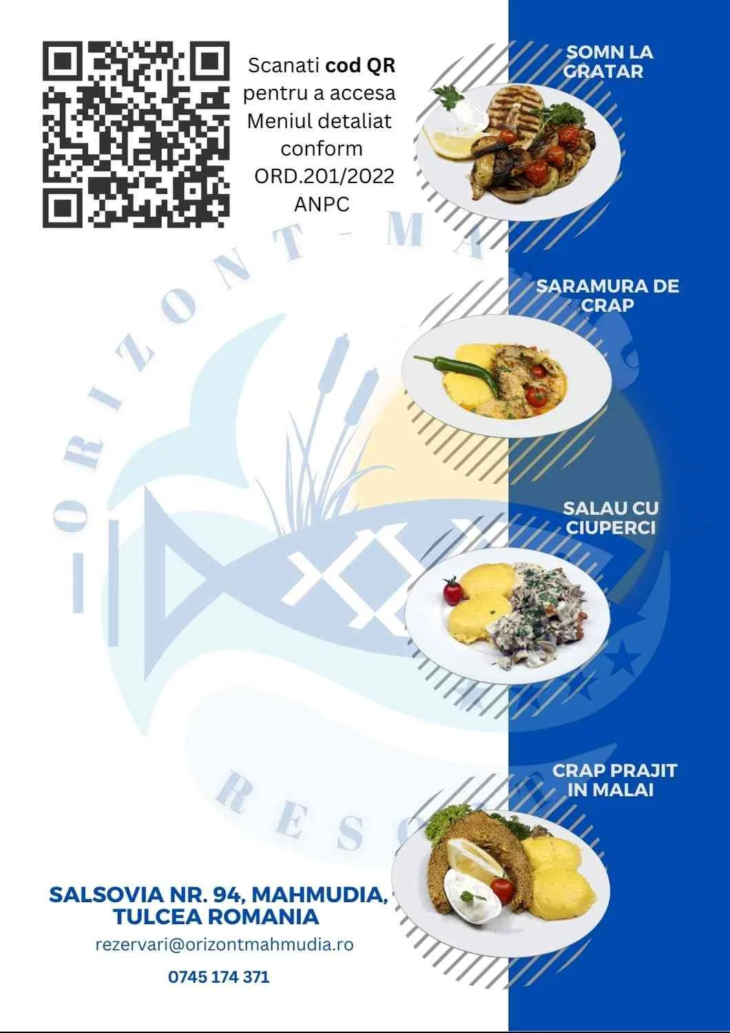 Menu flyer with four dishes and a QR code, including grilled fish with lemon, crab salad, mushroom salad, and fried crab in batter, with restaurant contact information in Romania.