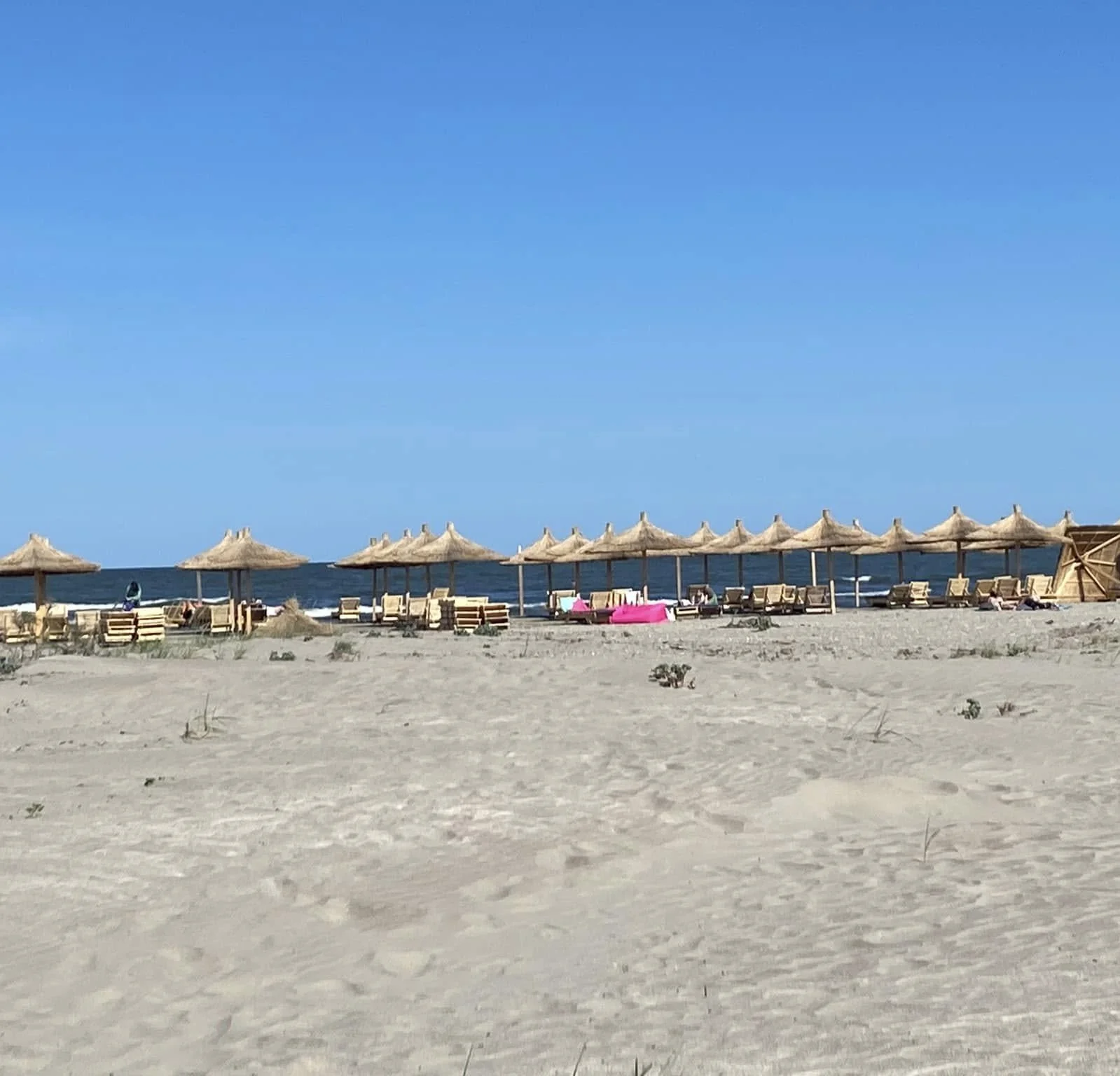 Empty sandy beach with straw umbrellas and lounge chairs, ocean in the background under a clear blue sky.