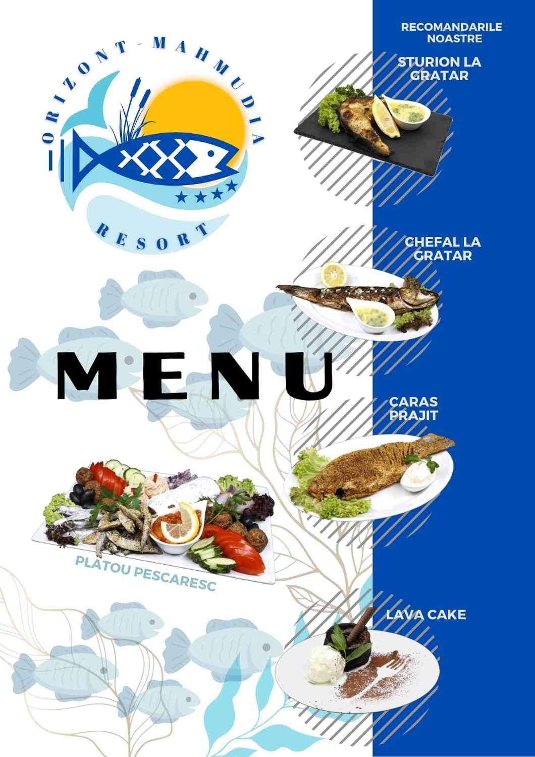Restaurant menu with seaside dishes, including grilled fish, carpaccio, seafood platter, lava cake, and grilled fish recommendations, with a logo featuring a fish and sun at the top.