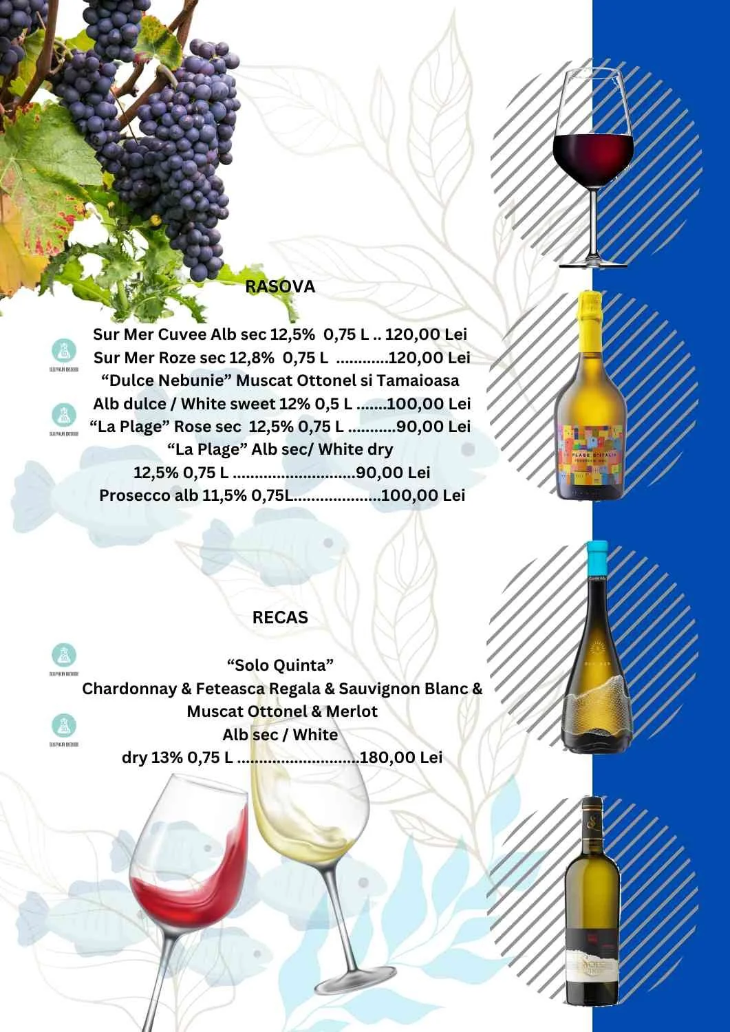 Wine menu with images of wine bottles and glasses, featuring various red, white, and sparkling wines, along with a bunch of grapes at the top.