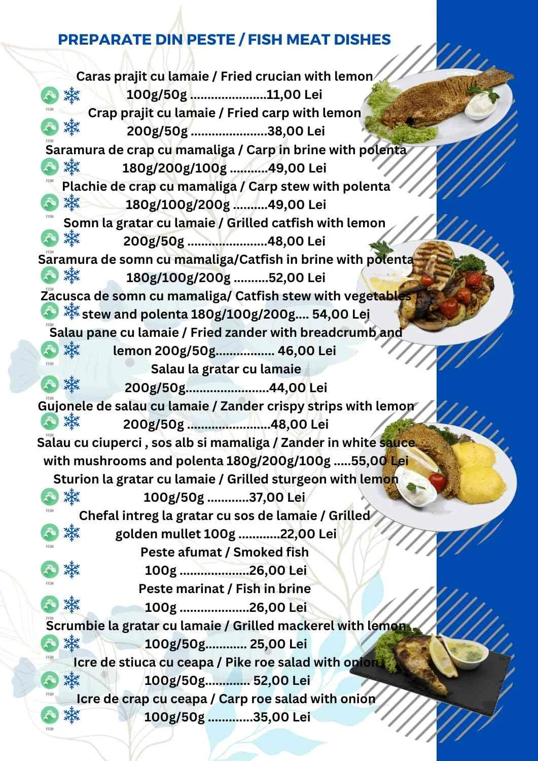 A menu listing various fish and seafood dishes with descriptions, weights, and prices in Romanian Lei. The menu includes fried crucian, fried carp, carp in brine, grilled catfish, fish stew, fried zander, smoked fish, and other seafood dishes, with i