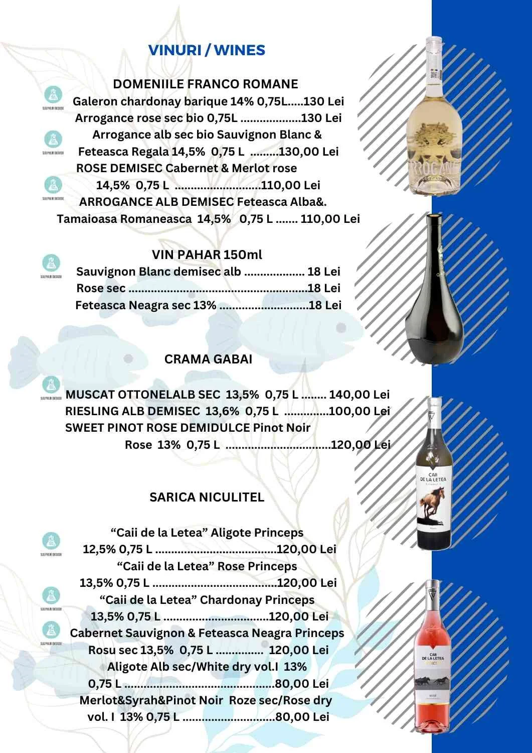 Menu listing wines, champagne, and beer with prices, featuring bottles and glasses on the right side.