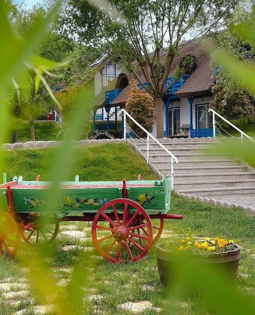 A colorful wooden cart with painted flowers, large red wheels, and a green bed, sitting on a grassy lawn. A large tree with green leaves and a house with a blue staircase and thatched roof are visible in the background, partially obscured by leaves in the foreground.