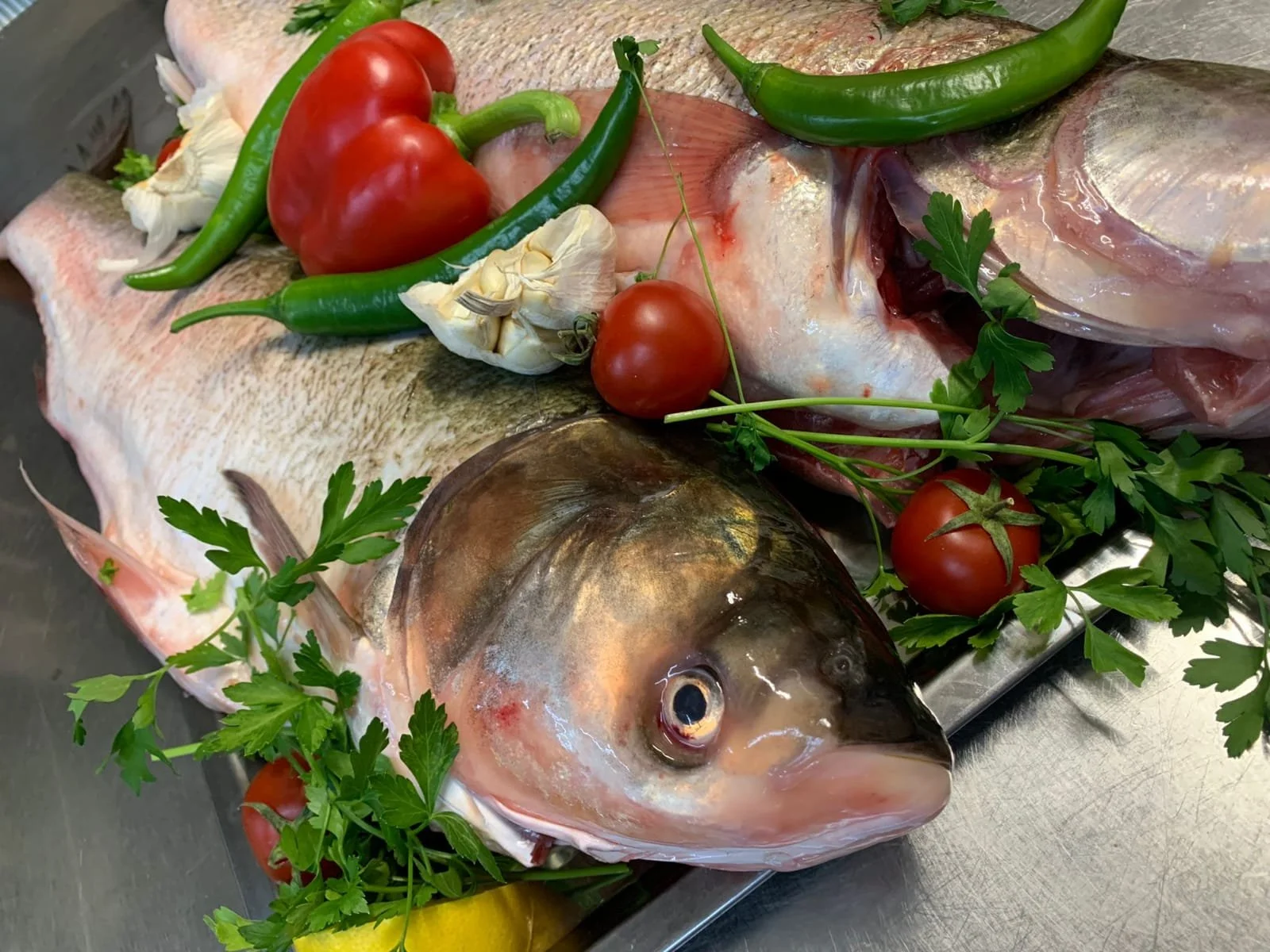 Fresh fish with head, cherry tomatoes, green chili peppers, garlic, parsley, and fish on a stainless steel surface.