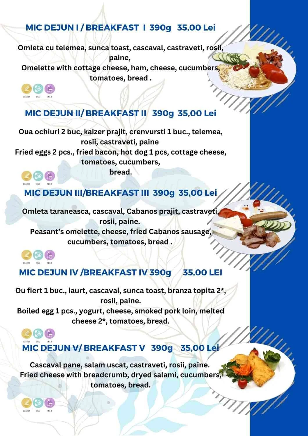 Restaurant breakfast menu listing five different breakfast options with descriptions in English and Romanian, each priced at 35.00 Lei, featuring items like omelets, fried eggs, sausage, cheese, vegetables, and bread, with images of the dishes includ