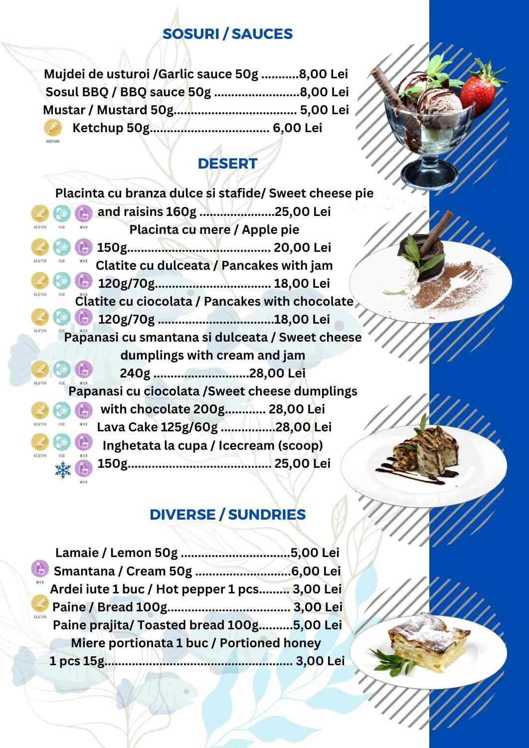 A menu featuring various sauces, desserts, and sundries with images of ice cream, a dessert with cream and jam, and a layered pastry.