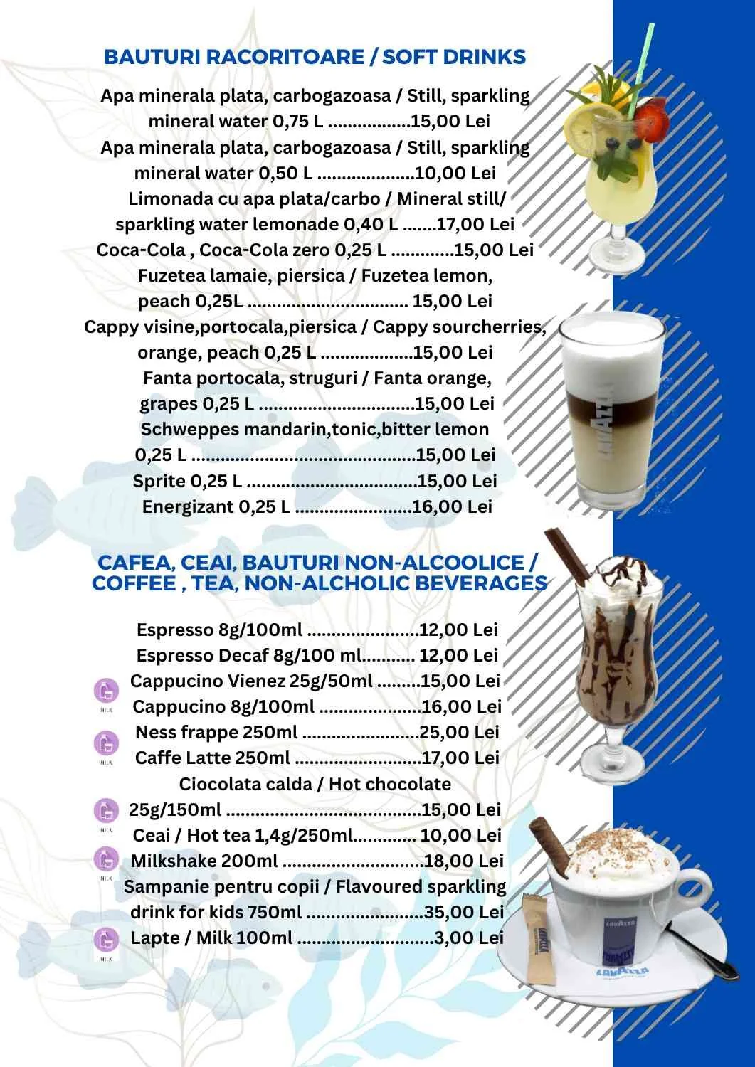 Menu of soft drinks, coffee, tea, and non-alcoholic beverages with images of drinks including a tropical cocktail, a layered coffee beverage, and a hot chocolate.