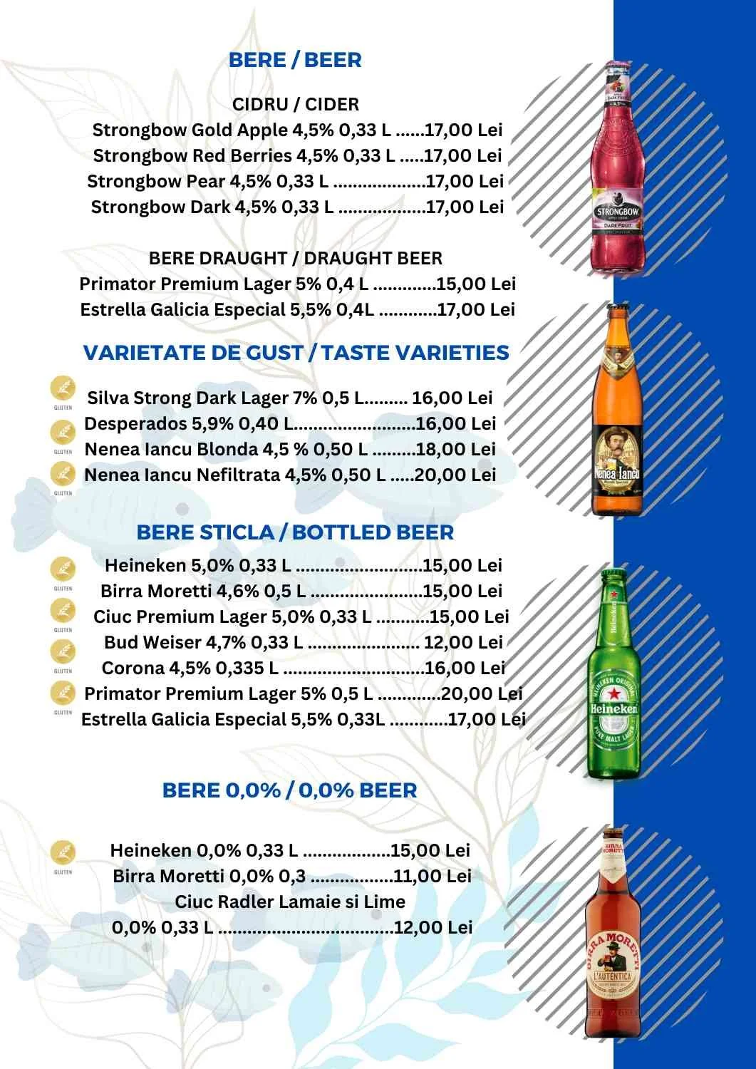 Menu listing various beers and ciders with prices in Romanian Lei, separated into categories for draught, taste varieties, bottled, and alcohol-free beers, with images of beer bottles on the right side.