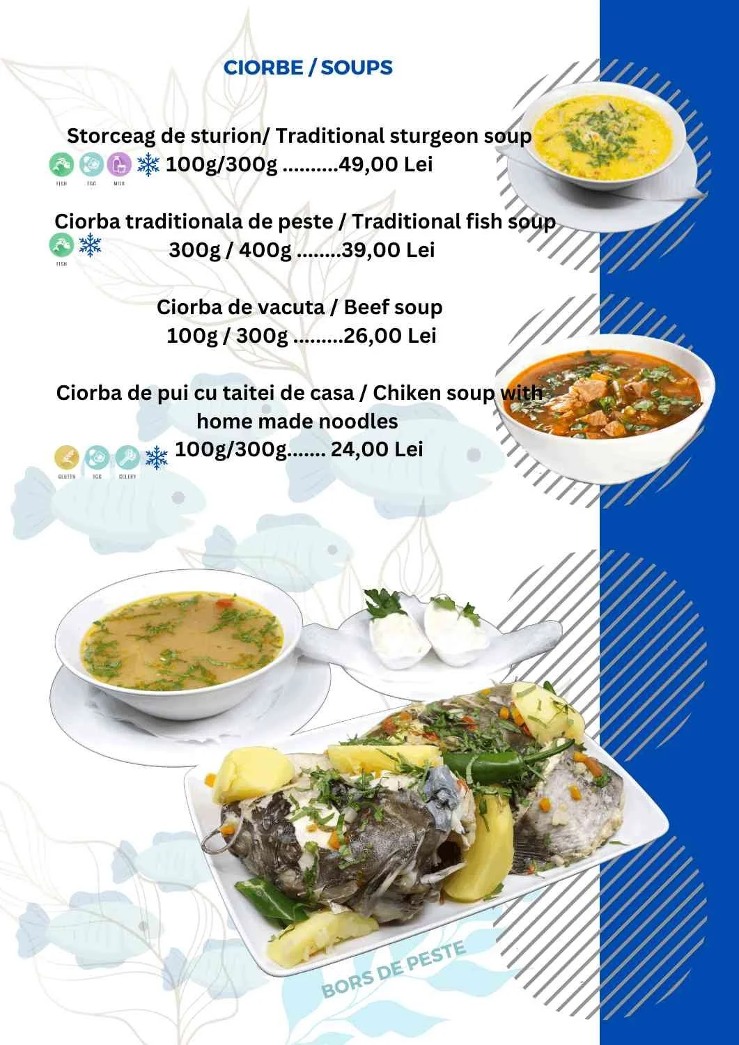 Menu featuring traditional Romanian soups with prices, including sturgeon soup, fish soup, beef soup, and chicken soup with home-made noodles, accompanied by images of bowls of soup and a plate of fish with garnishes.