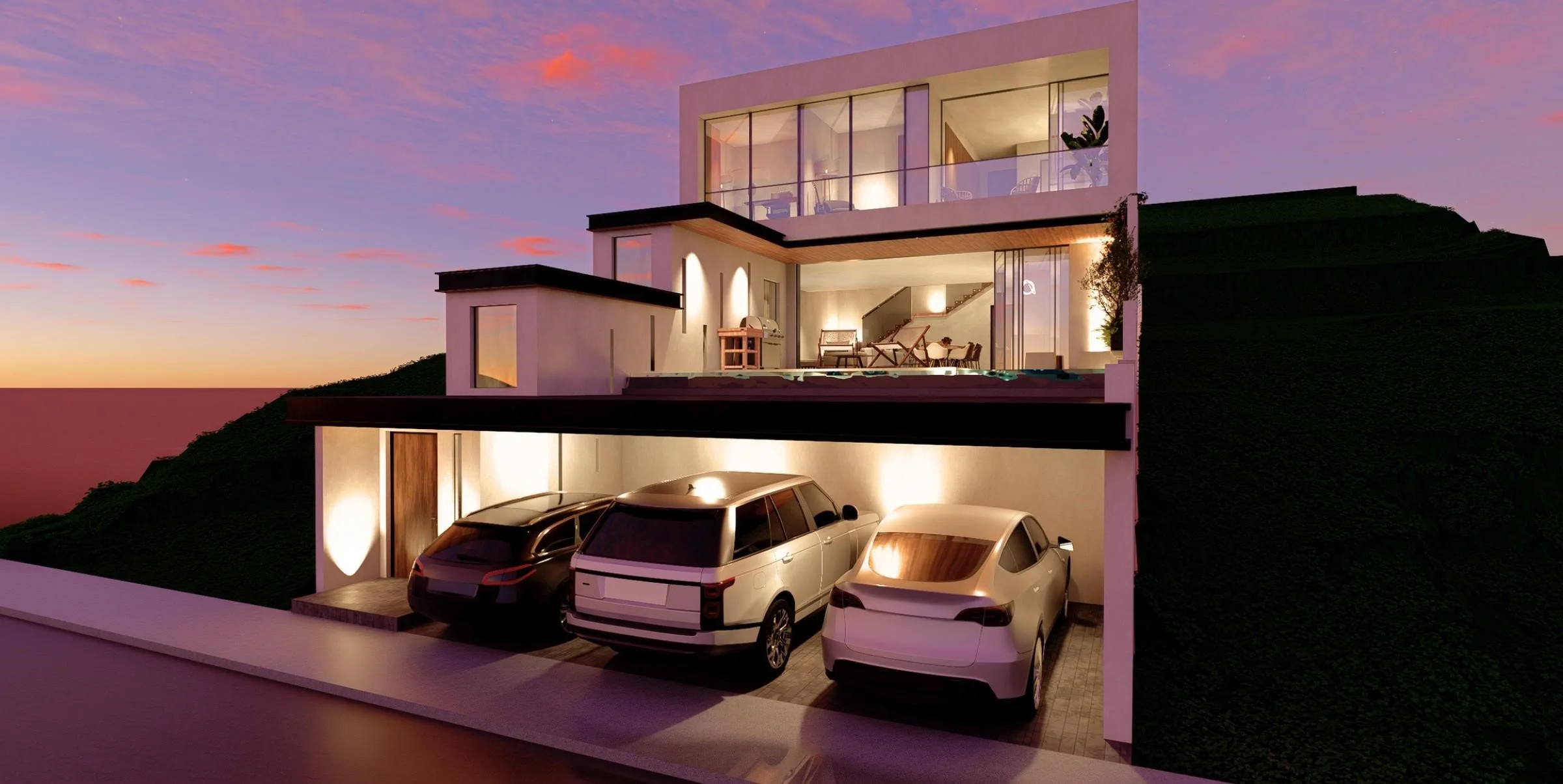 Modern multi-story house built into a hillside with large glass windows and a garage with three parked cars. The interior lights are on, and the sky is during sunset with pink and purple hues.