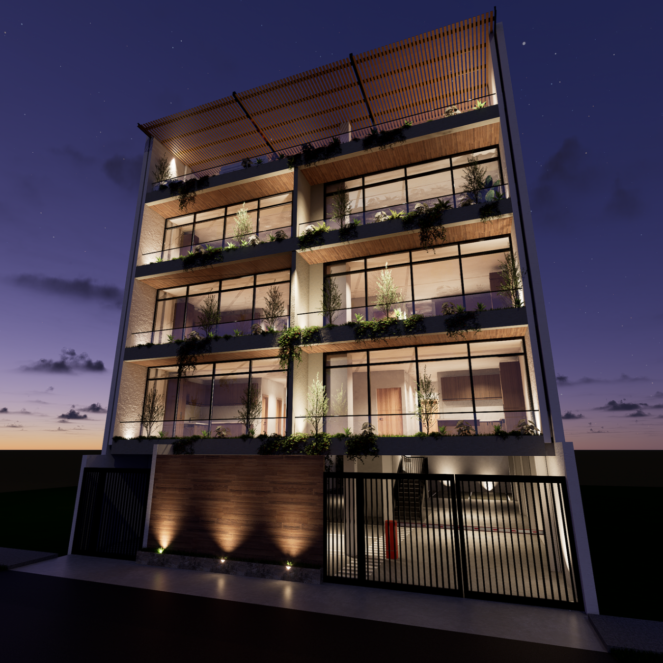 Nighttime view of a modern multi-story residential building with glass balconies and greenery, illuminated with exterior lighting.