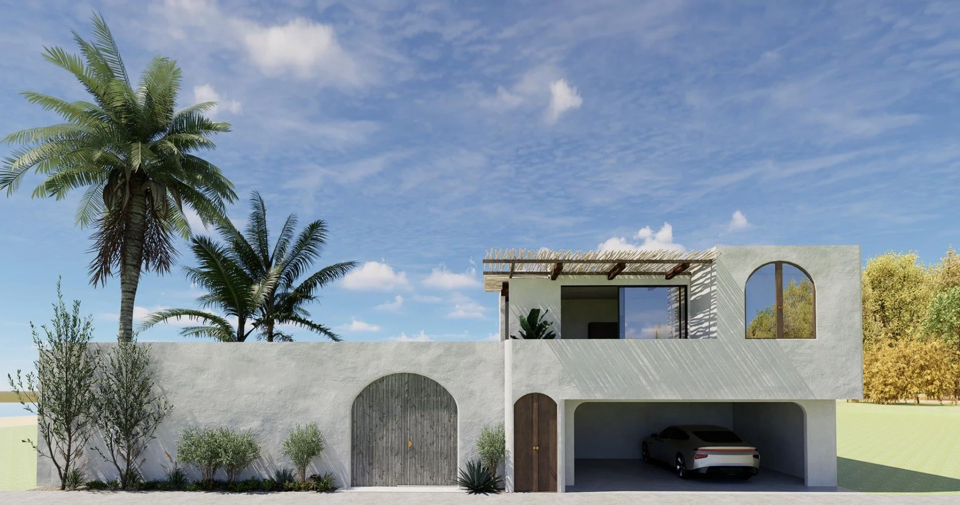 Modern two-story house with a white facade, arched doorways, and a garage with a silver car. Tall palm trees and greenery surround the property under a partly cloudy blue sky.