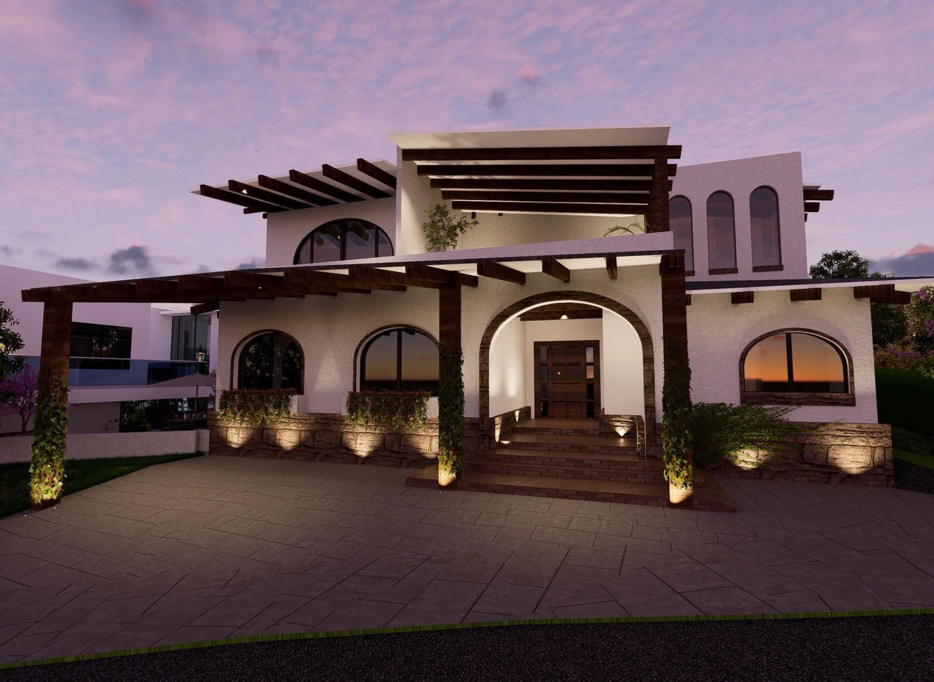 A modern two-story house at dusk with exterior lighting, white textured walls, dark wooden beams, arched windows, a porch with a staircase, and a landscaped yard.