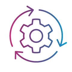 An illustration of a gear with curved arrows surrounding it, indicating a cycle or process.