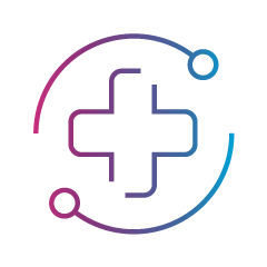 Medical icon with a plus sign surrounded by curved lines and circles, representing healthcare or medical services.