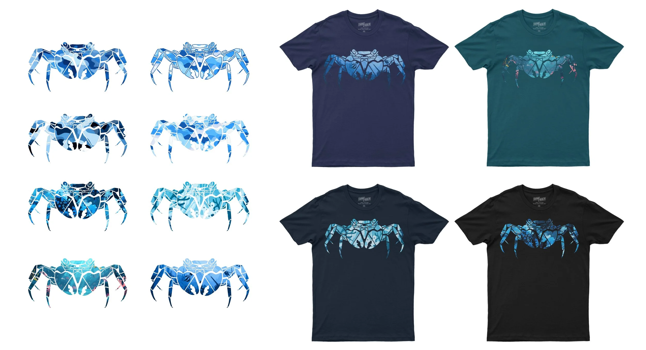 T-shirts with simple geometric crab illustrations.