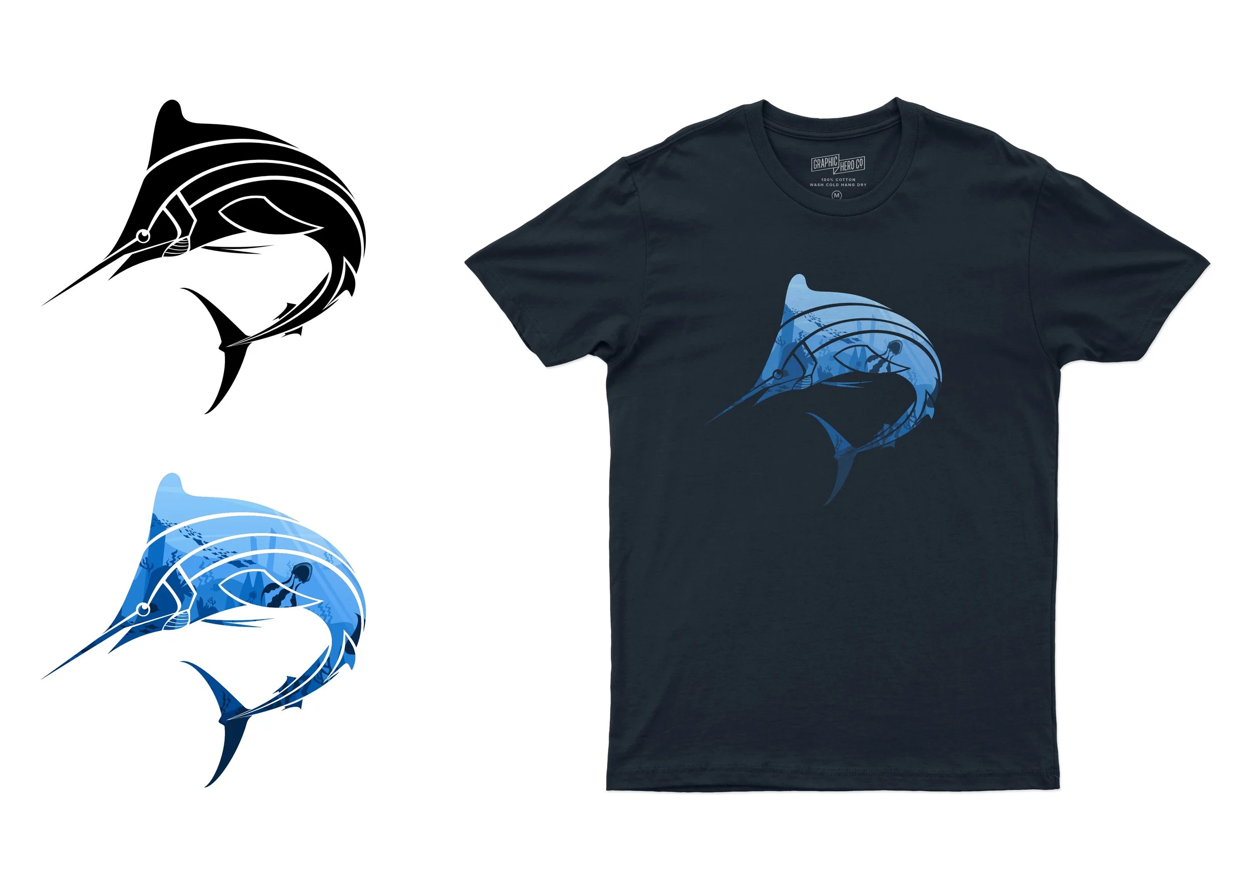 T-shirt with a simple geometric marlin illustration.