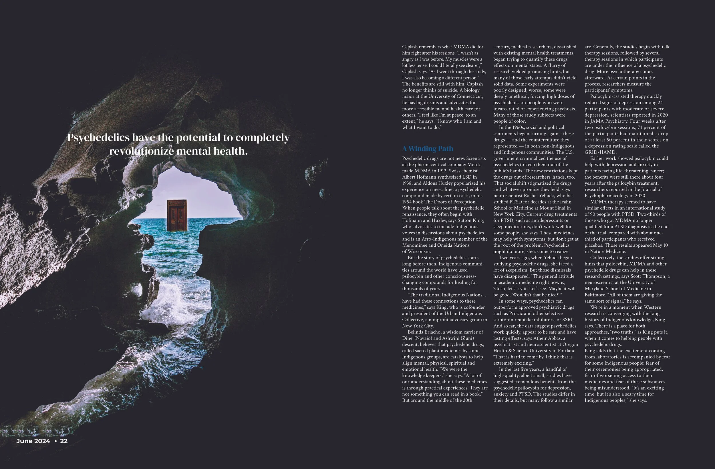 A magazine spread featuring a cave looking out to the sea where a door stands on the water.