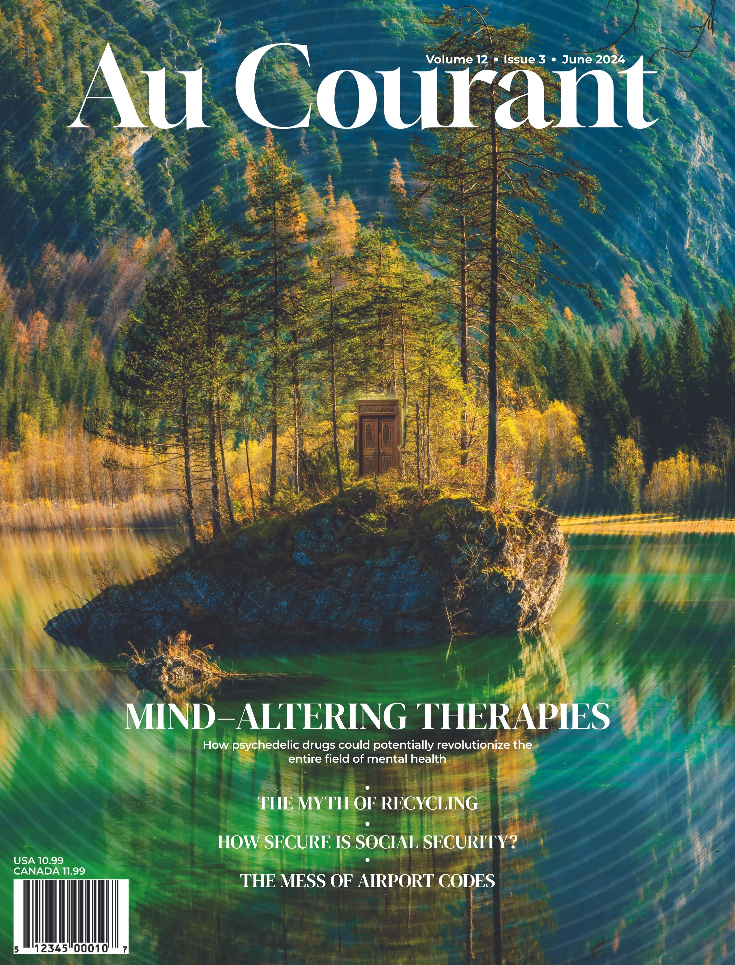 The cover of a magazine titled 'Au Courant' picturing a lake with an island that has a door on it.