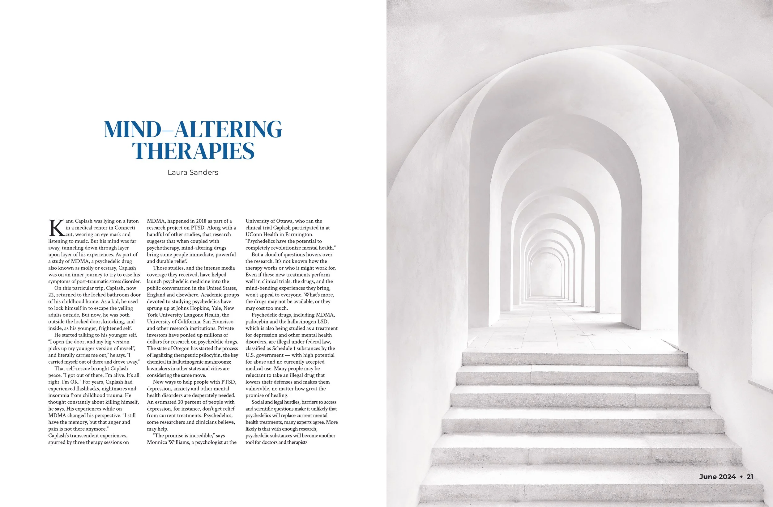 A magazine spread featuring a long white hallway filled with arches.