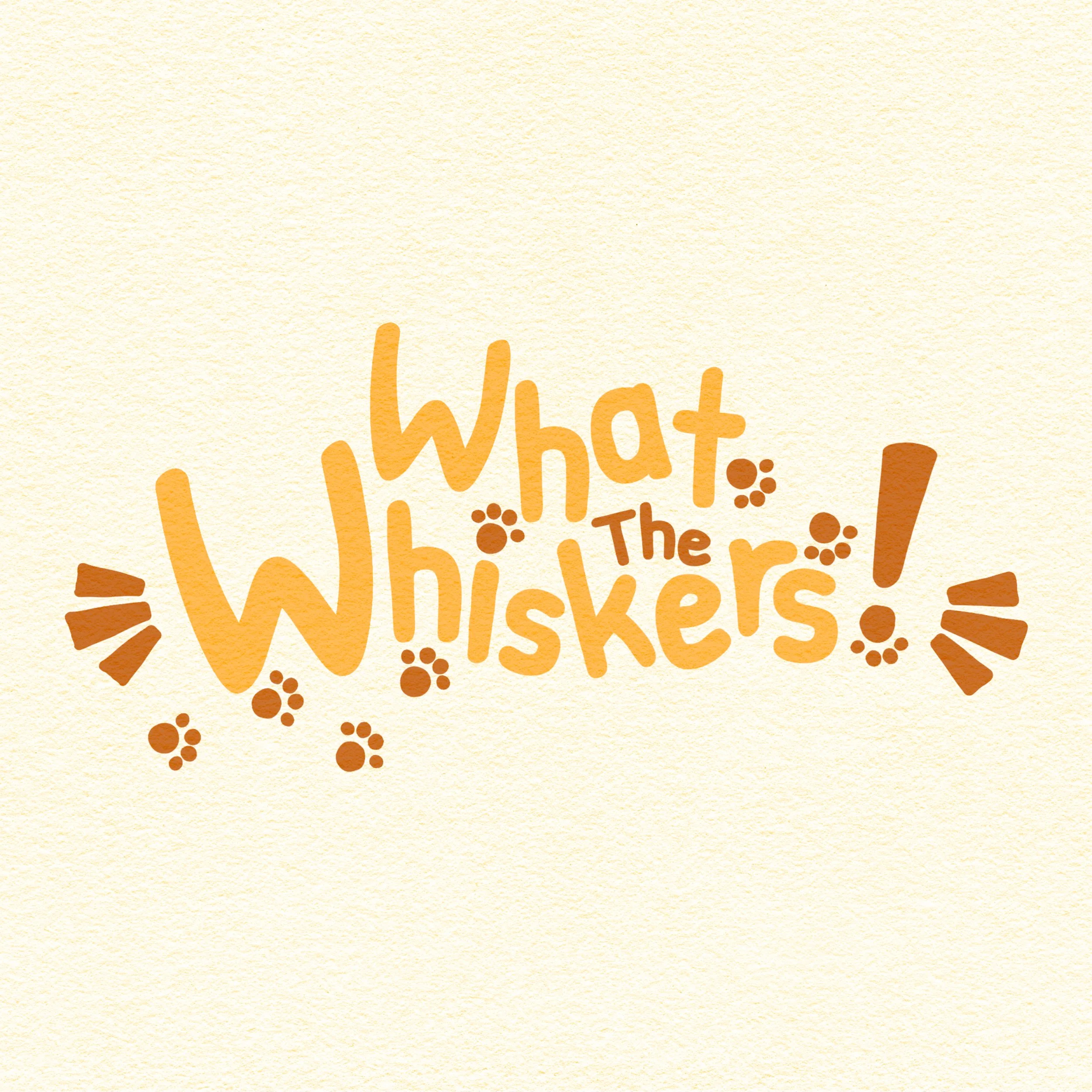 A logo for What The Whiskers, featuring pawprints that have mischievously knocked around the letters.