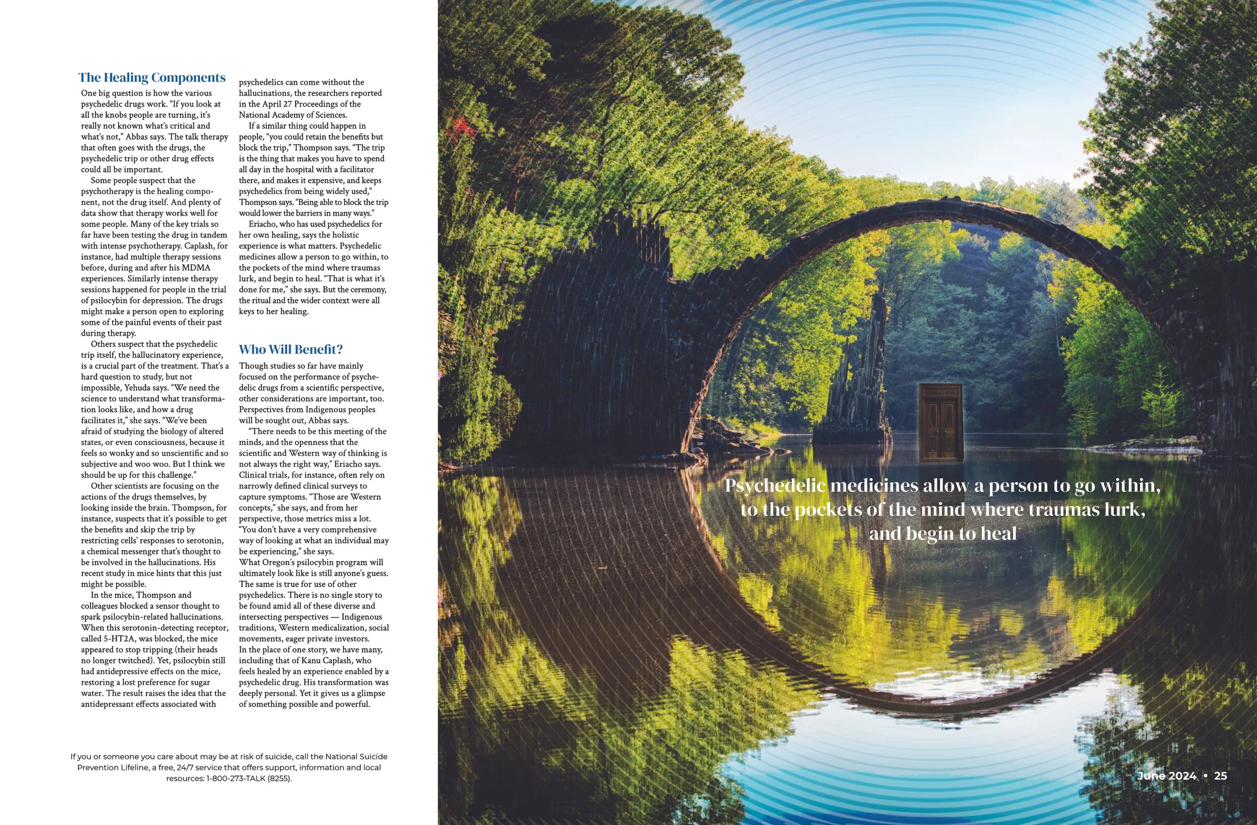 A magazine spread that features a tranquil lake with a large stone bridge, in the center of which is a door on the water.