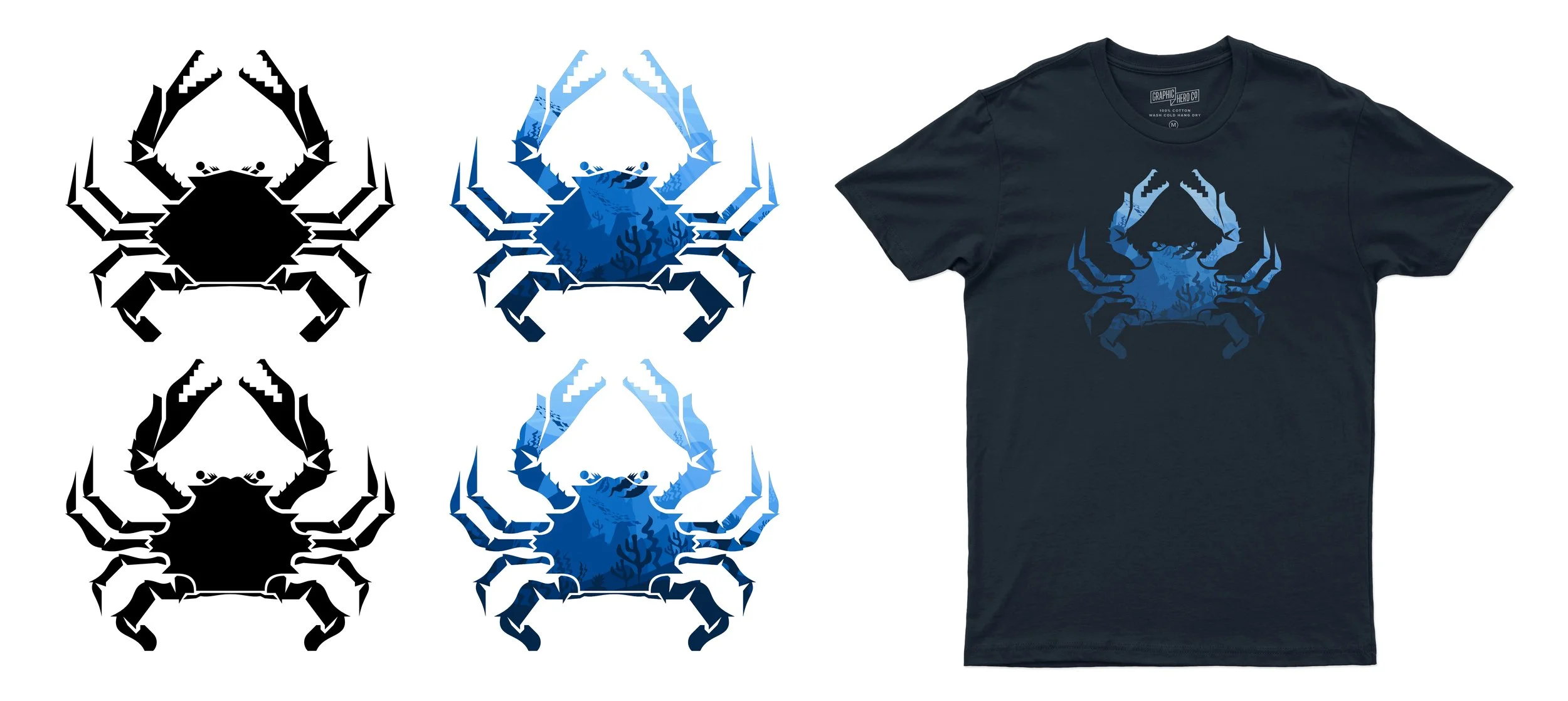 T-shirt with a second simple geometric crab illustration.