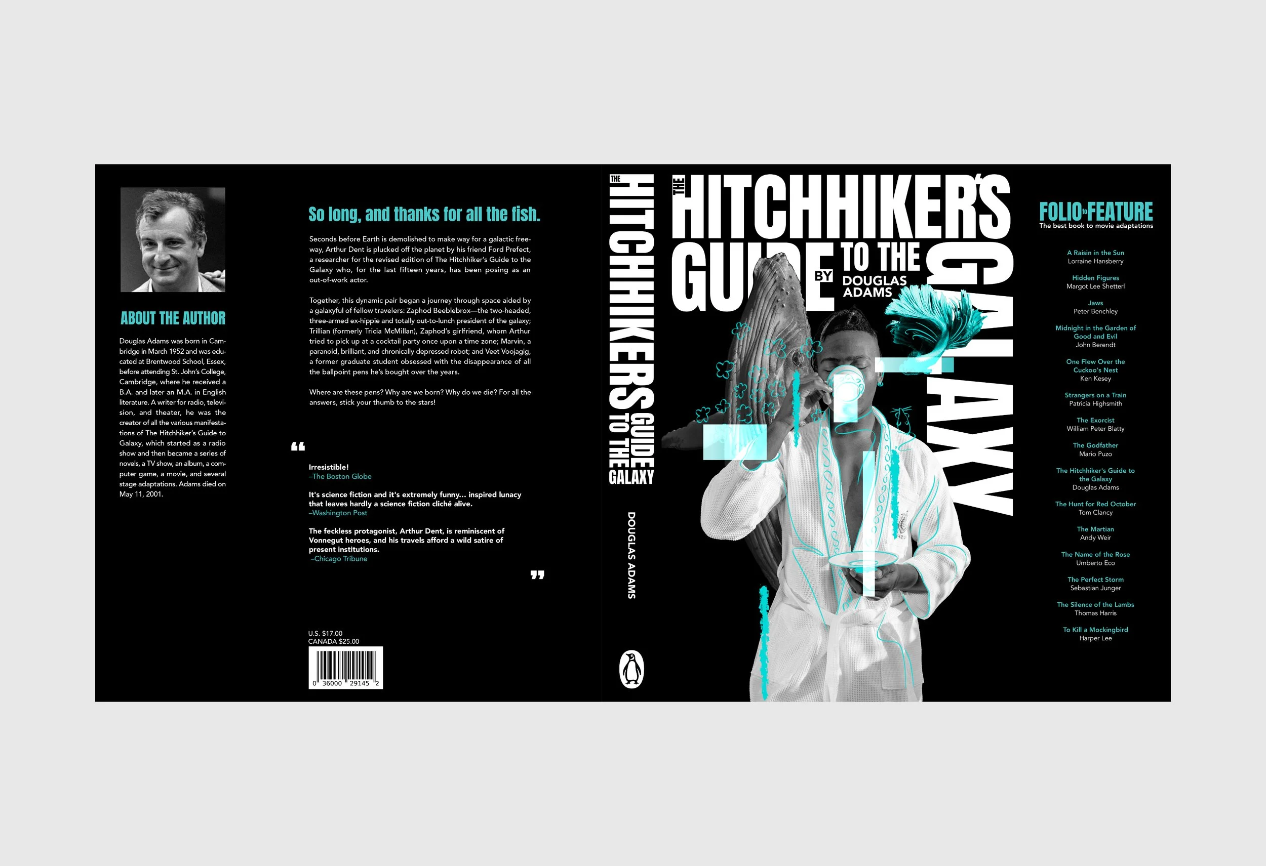 The front and back covers of 'The Hitchhiker's Guide to the Galaxy'