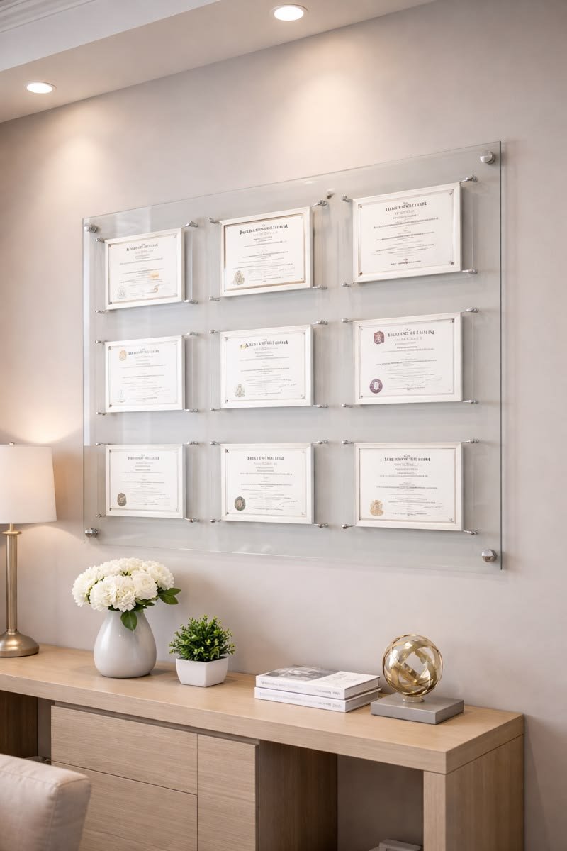 Organized home office display with diplomas and styled sideboard — professional home organizer, Atlanta.