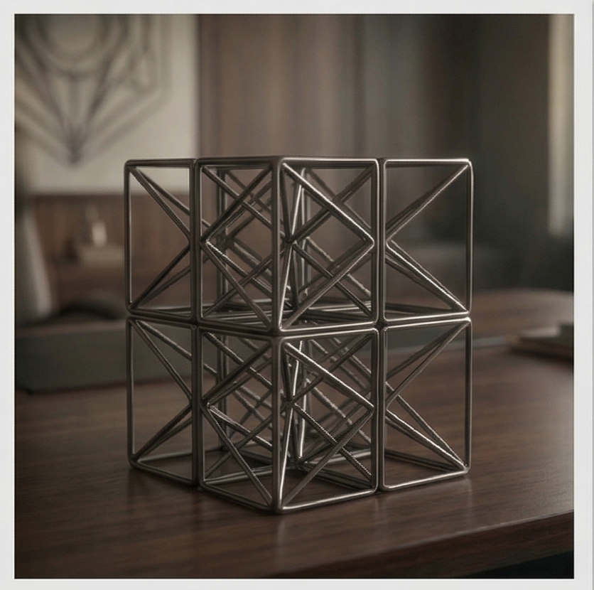 Geometric drawing of an outline square with sections divided by vertical, horizontal, and circle lines.