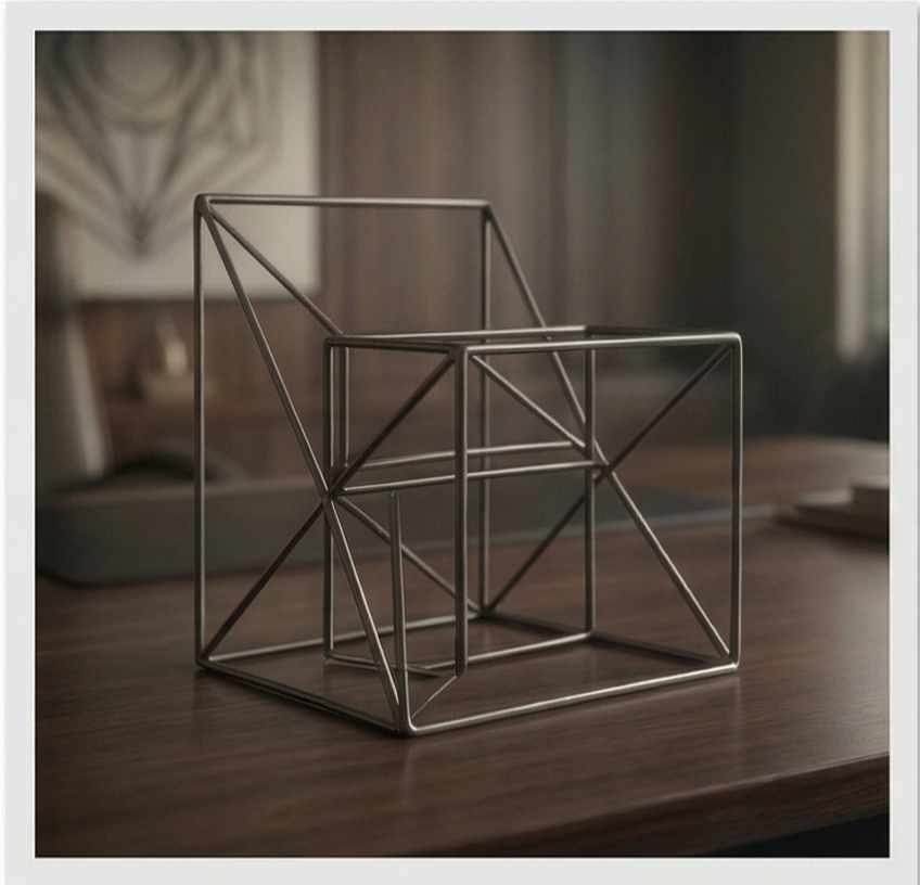 Geometric drawing of an outline square with sections divided by vertical, horizontal, and diagonal lines.