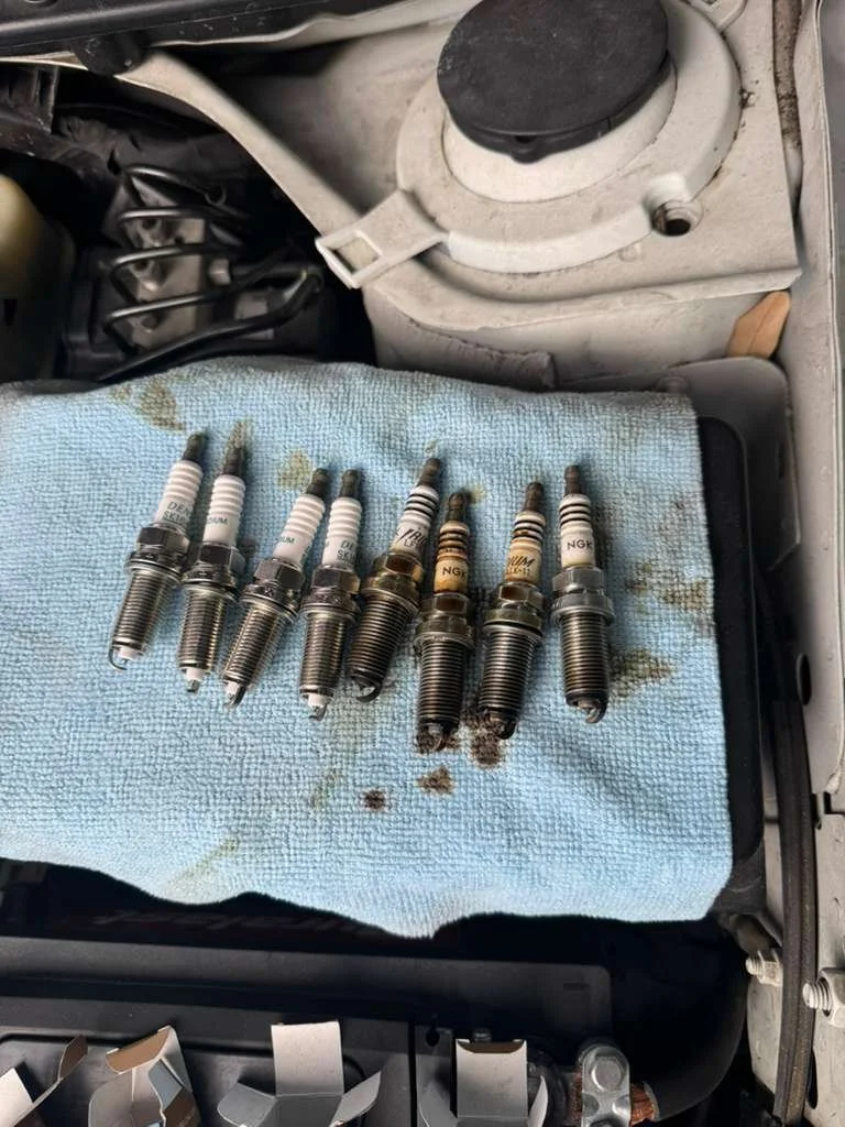 Eight spark plugs laid out on a blue cloth, with some appearing clean and new, others are used and fouled, in a mechanic workspace.