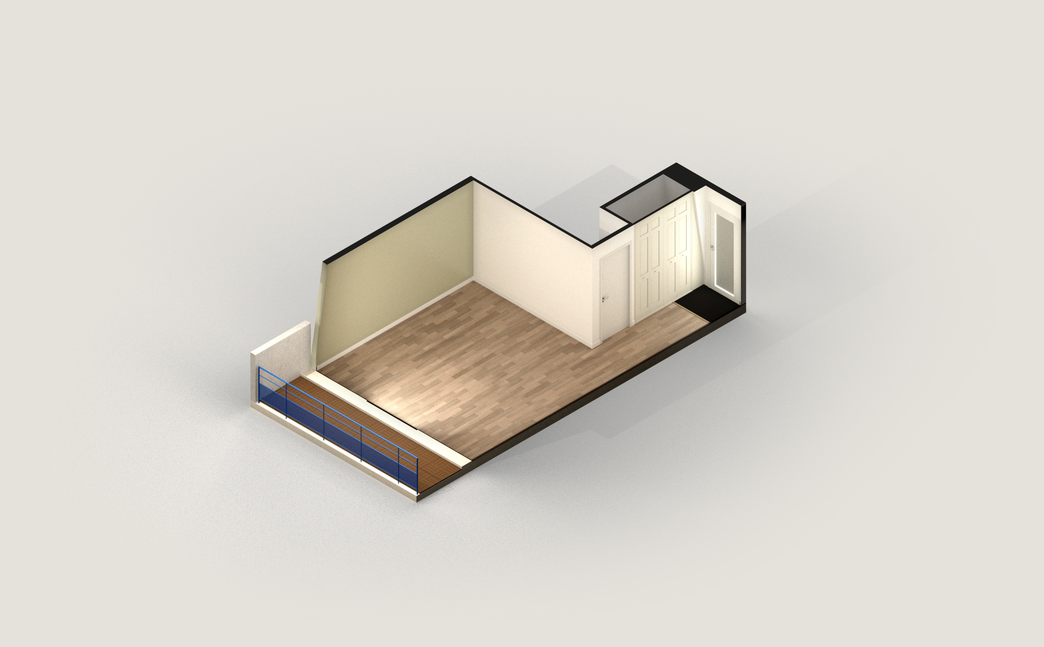 Plan 3D d'une pièce d'appartement d'une pièce. Home staging virtuel d'une surface inférieure à 25 mètres carrés.