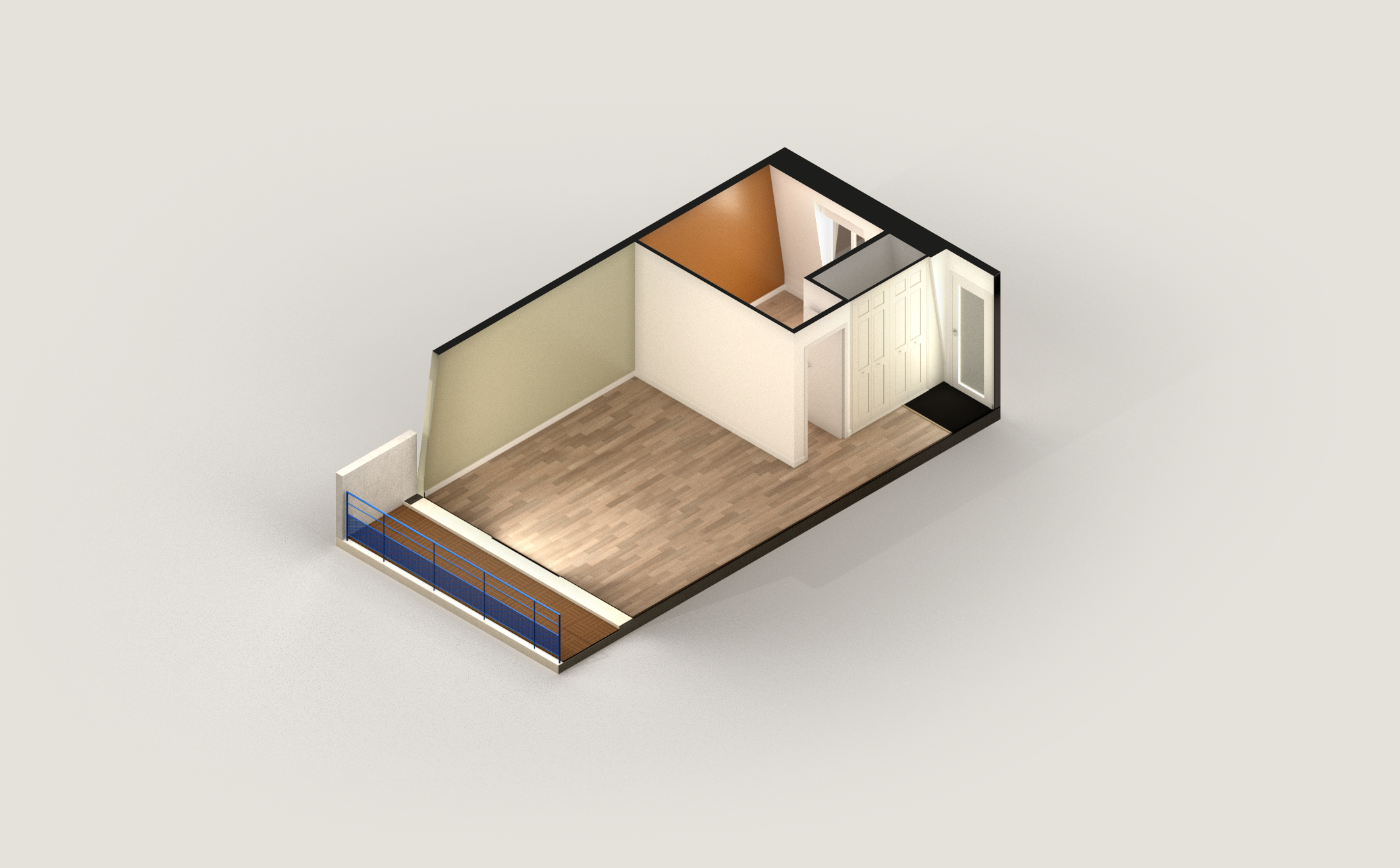 Plan 3D d'une pièce d'appartement avec 2 pièces. Home staging virtuel d'une surface inférieure à 50 mètres carrés.