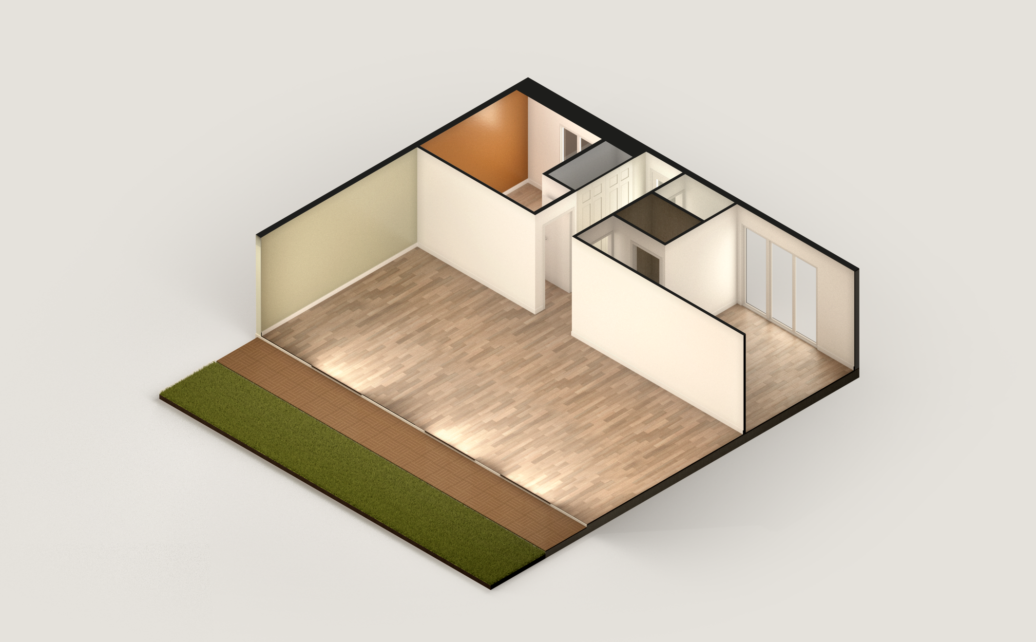 Plan 3D d'une maison avec 3 pièces. Home staging virtuel d'une surface inférieure à 100 mètres carrés.
