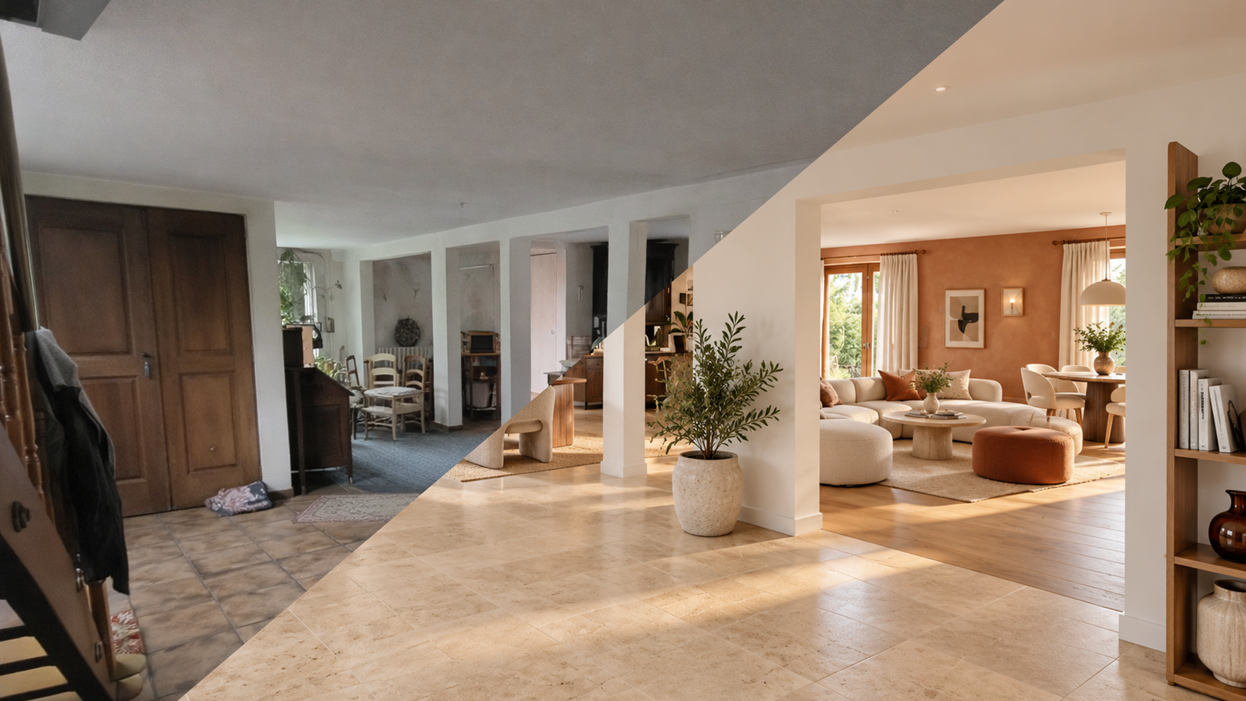 Photo d'intérieur d'une maison après rénovation, séparant deux styles : à gauche un intérieur plus ancien avec carrelage vieilli et meubles anciens, à droite un intérieur moderne avec sol en bois clair, mobilier contemporain et décoration minimaliste.
