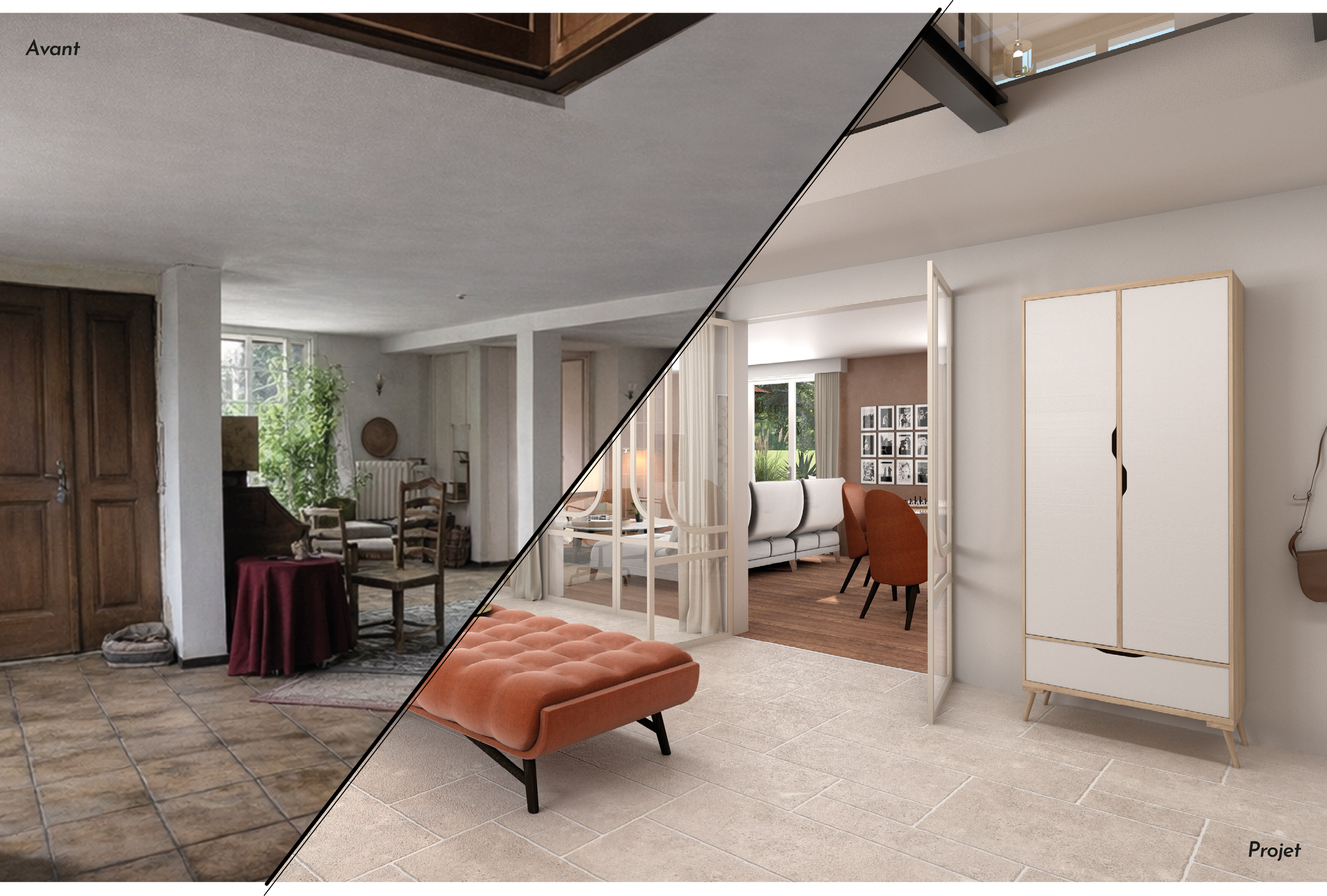 Image split en deux parties, montrant un intérieur ancien et un intérieur moderne. La partie gauche présente un salon aux meubles vintage, avec des murs blancs, un sol en carreaux de terre cuite, et un mobilier en bois foncé. La partie droite montre un intérieur contemporain et de grandes fenêtres laissant entrer la lumière naturelle.