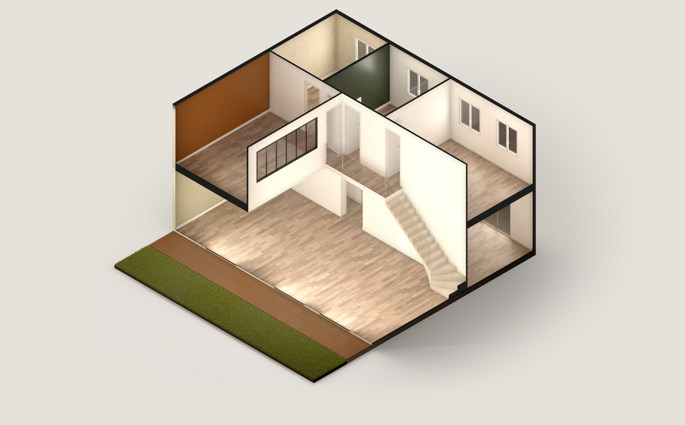 Plan 3D d'une maison avec plusieurs pièces et un étage. Home staging virtuel d'une surface inférieure à 160 mètres carrés.