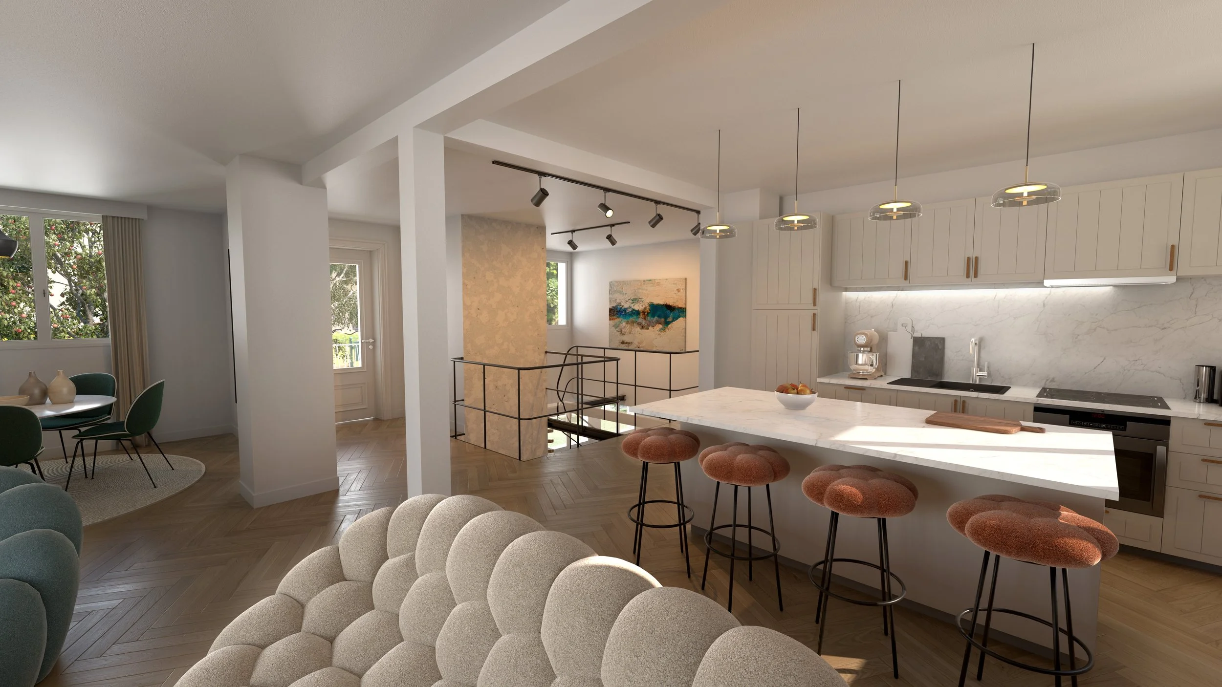 Vue 3D photoréaliste (rendu généré par ordinateur) de l'intérieur d'une maison représentant un salon ouvert sur salle à manger et sur cuisine.. Ensemble moderne avec de beaux matériaux.