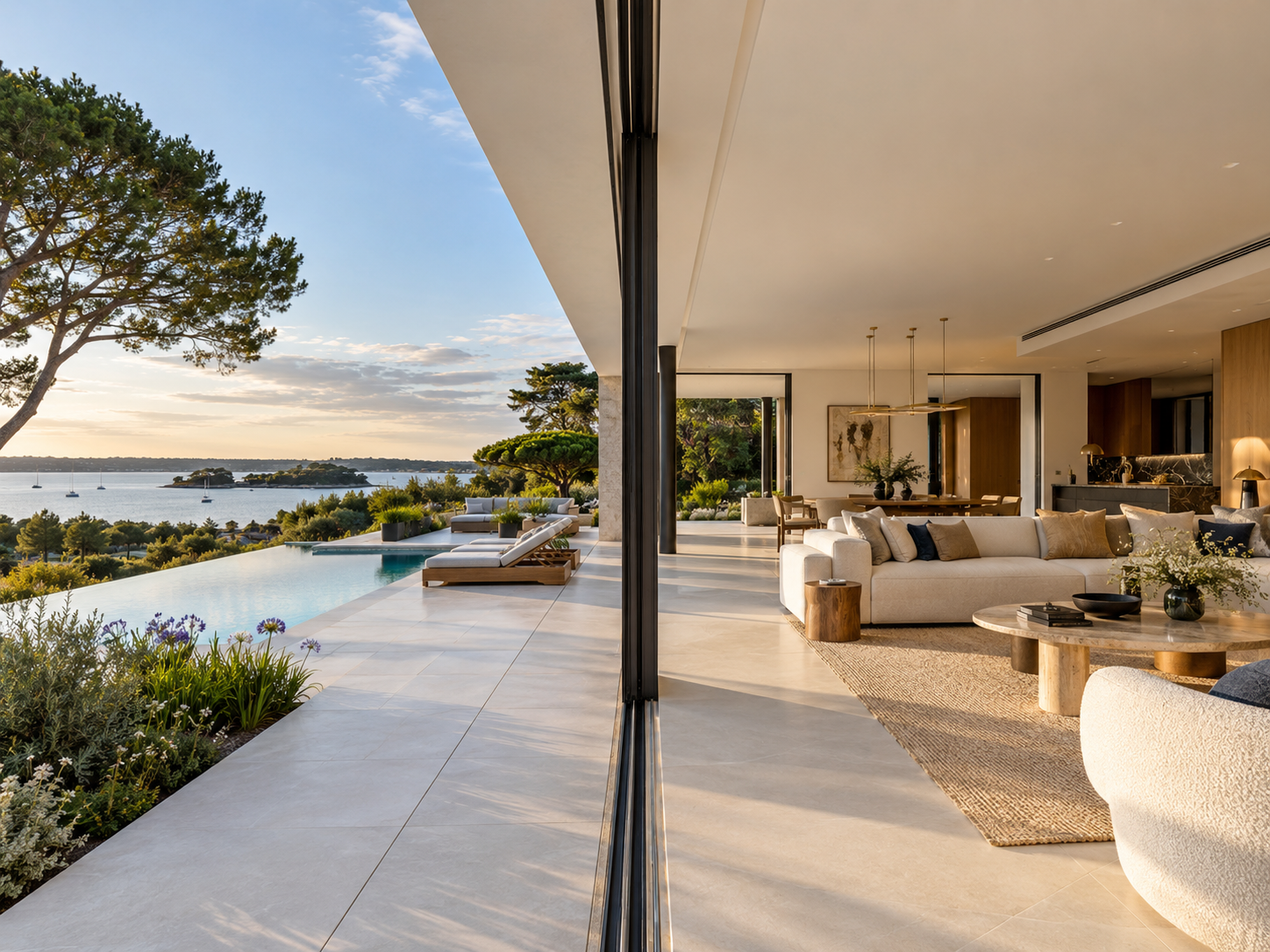 Photographie immobilière ou d'hébergement mêlant intérieur et extérieur d'une maison moderne avec une grande terrasse, piscine, vue sur la mer, séjour