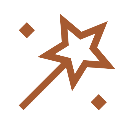 Une baguette magique avec une étoile en haut et deux petits diamants autour, en style graphique, couleur marron.