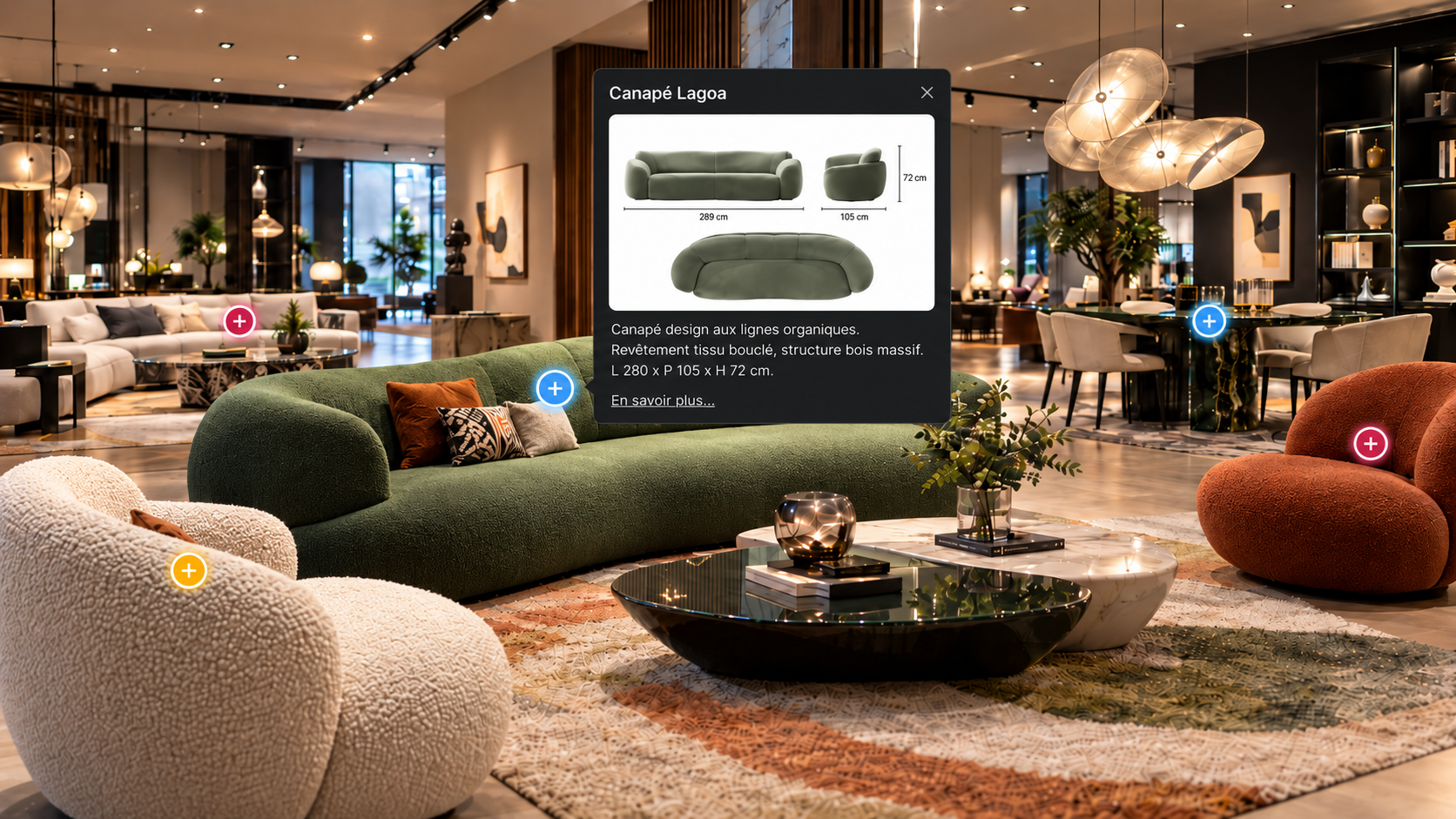 Tags interactifs dans une visite virtuelle Matterport d'un showroom