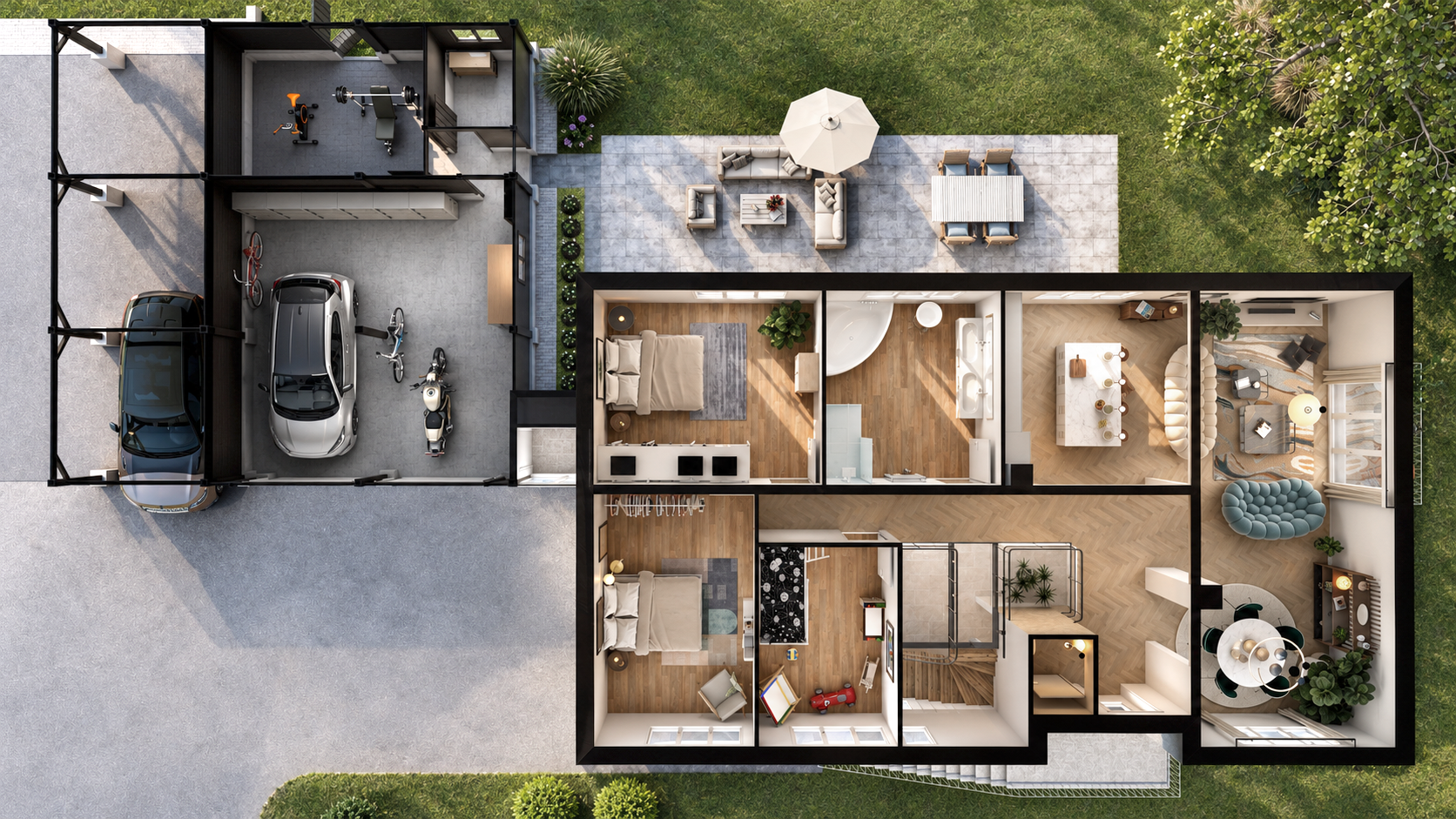Plan d'une maison avec garage, jardin et salon extérieur, vues de dessus.