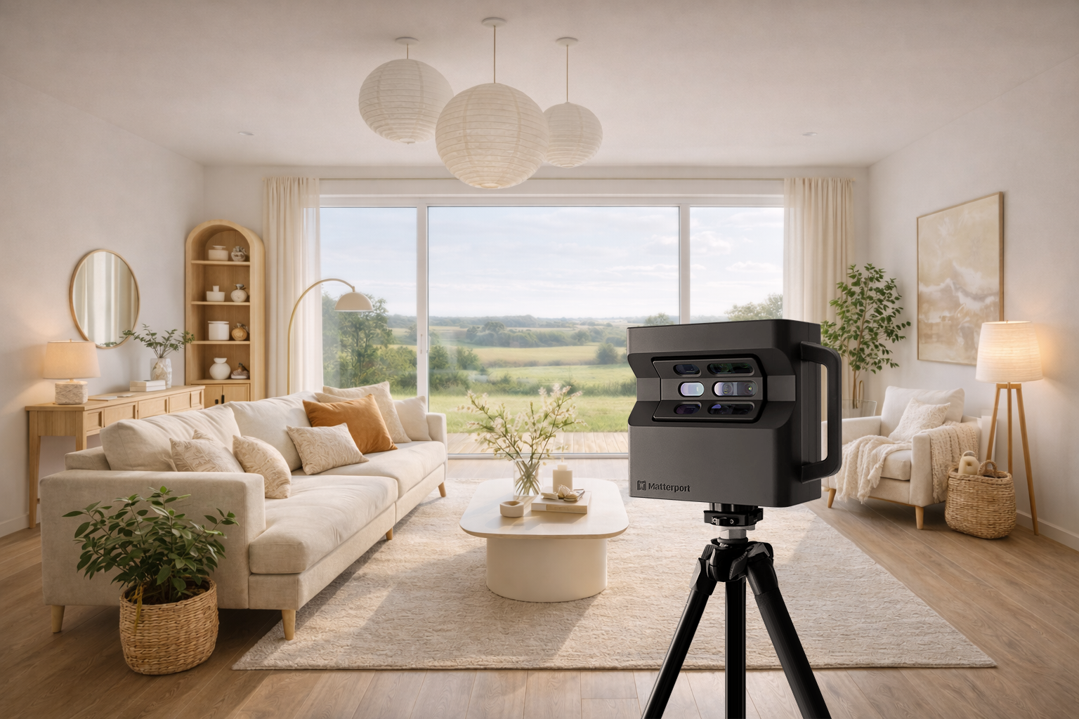 Salon moderne avec canapé beige, table basse, luminaires, plantes vertes, et vue extérieure en arrière-plan; caméra Matterport en premier plan.