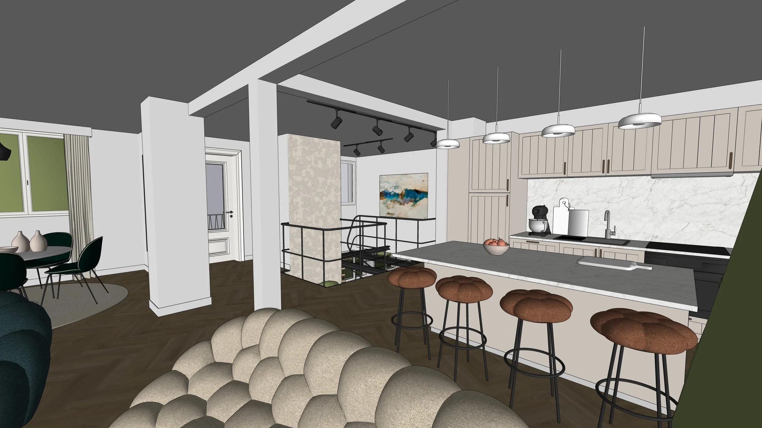 Vue 3D de l'intérieur d'une maison représentant un salon ouvert sur salle à manger et sur cuisine. Ensemble moderne.