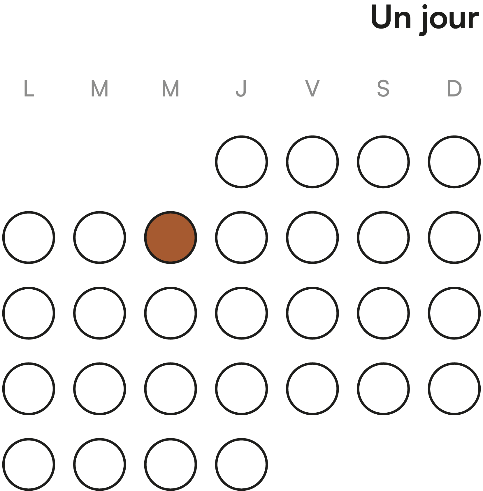 Un calendrier montrant un seul jour entouré en marron, correspondant à un moment précis dans la semaine et le mois