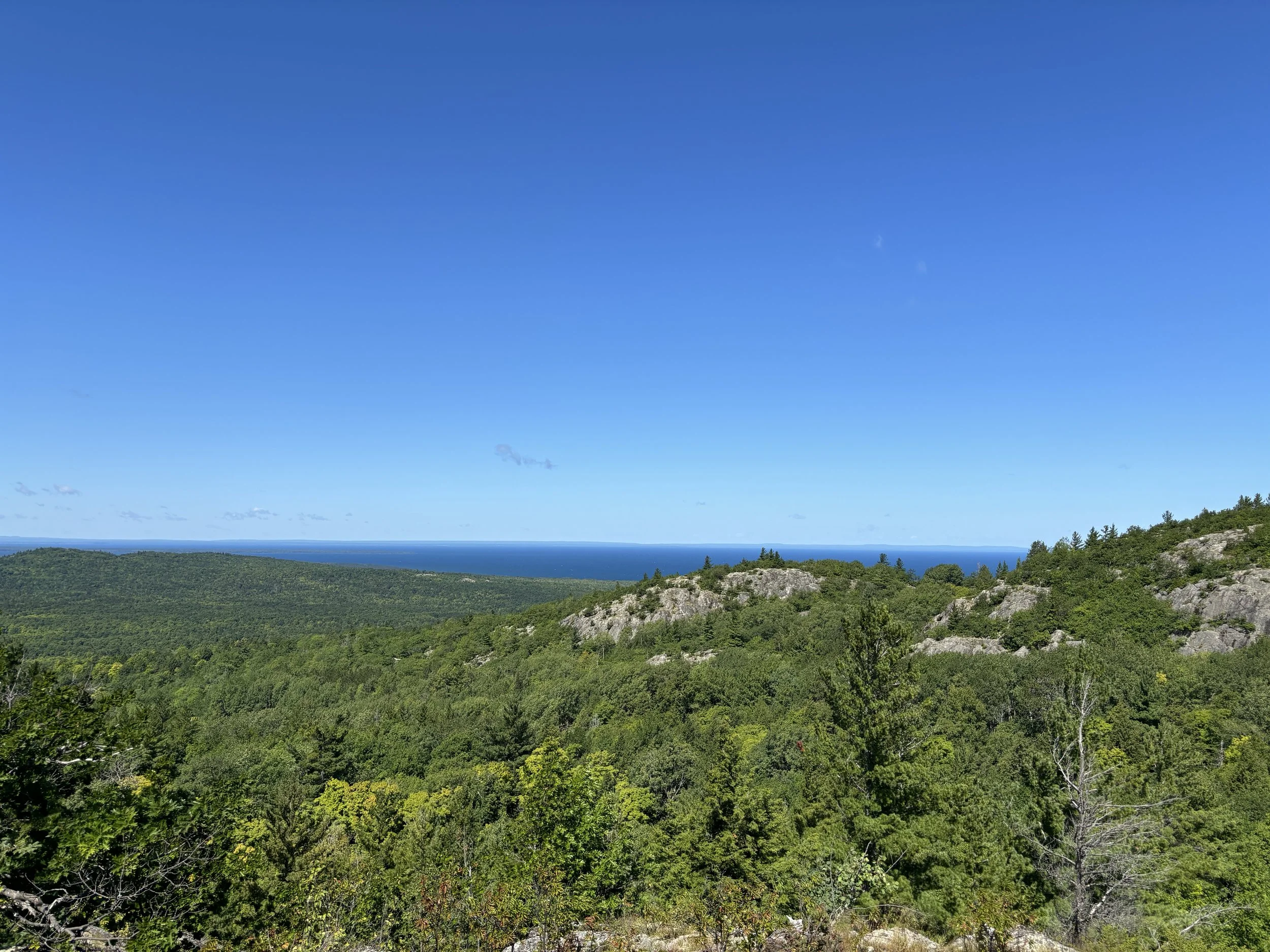 A landscape view of green forested hills with rocky outcroppings under a clear blue sky, and distant ocean on the horizon.