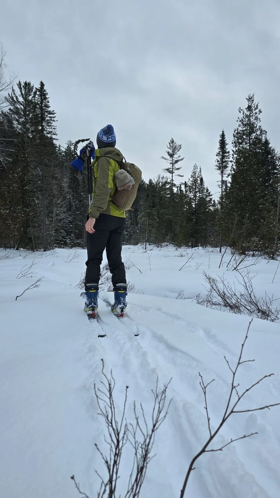 Person skiing in snowy forest wearing green jacket, black pants, and a blue hat with 'POL' written on it, carrying a backpack and equipment.